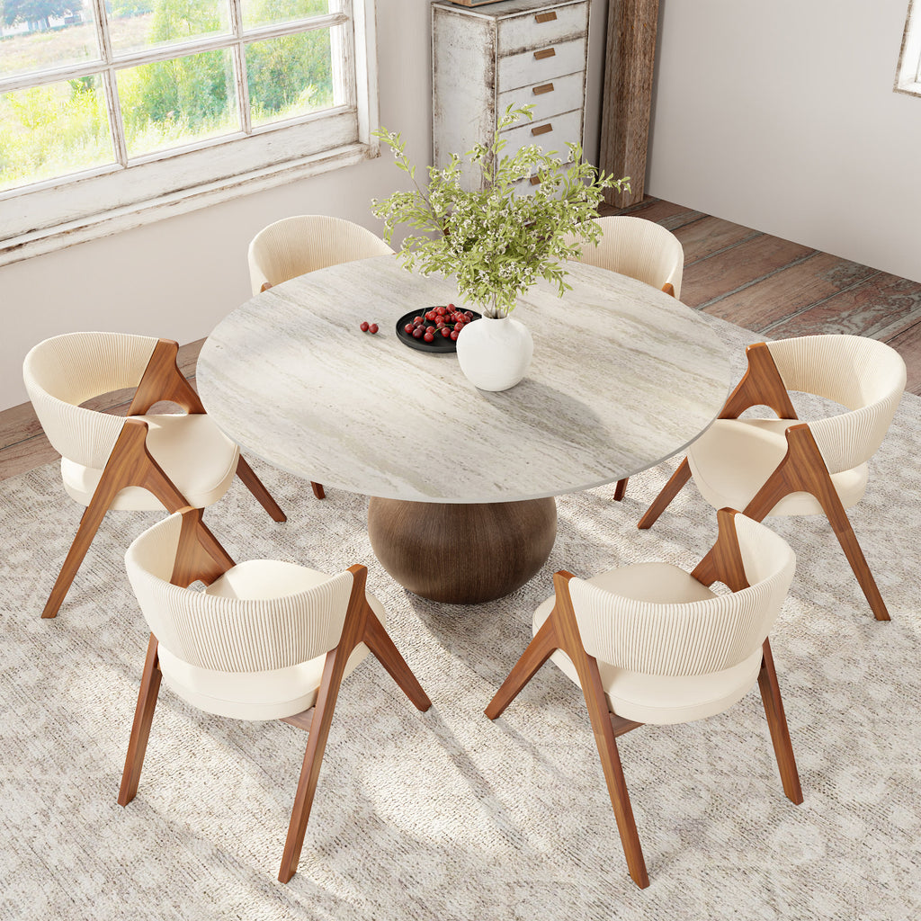 Centria Dark Walnut Solid Wood Pedestal Round Dining Table with Travertine Top - image 7