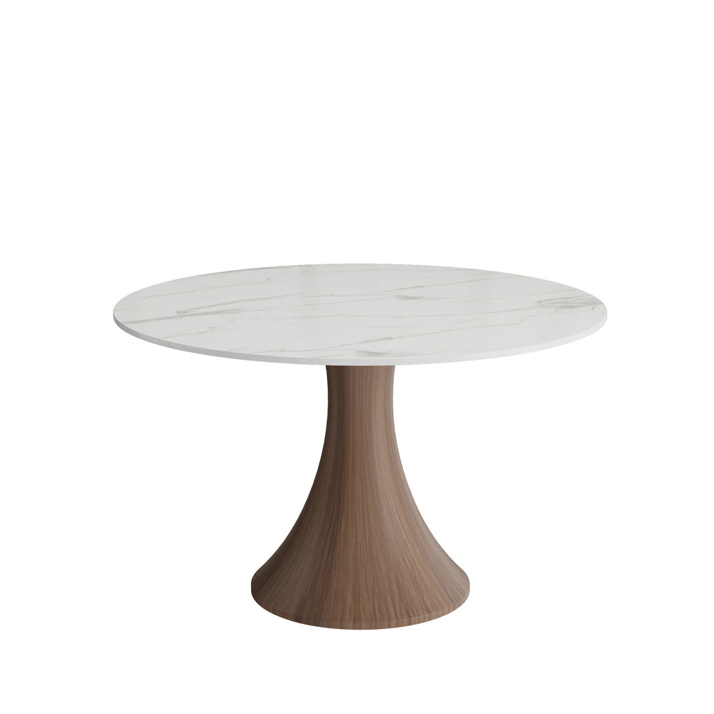 Aurelia Dark Walnut Solid Wood Pedestal Round Dining Table with Snow White Stone Top - image 1