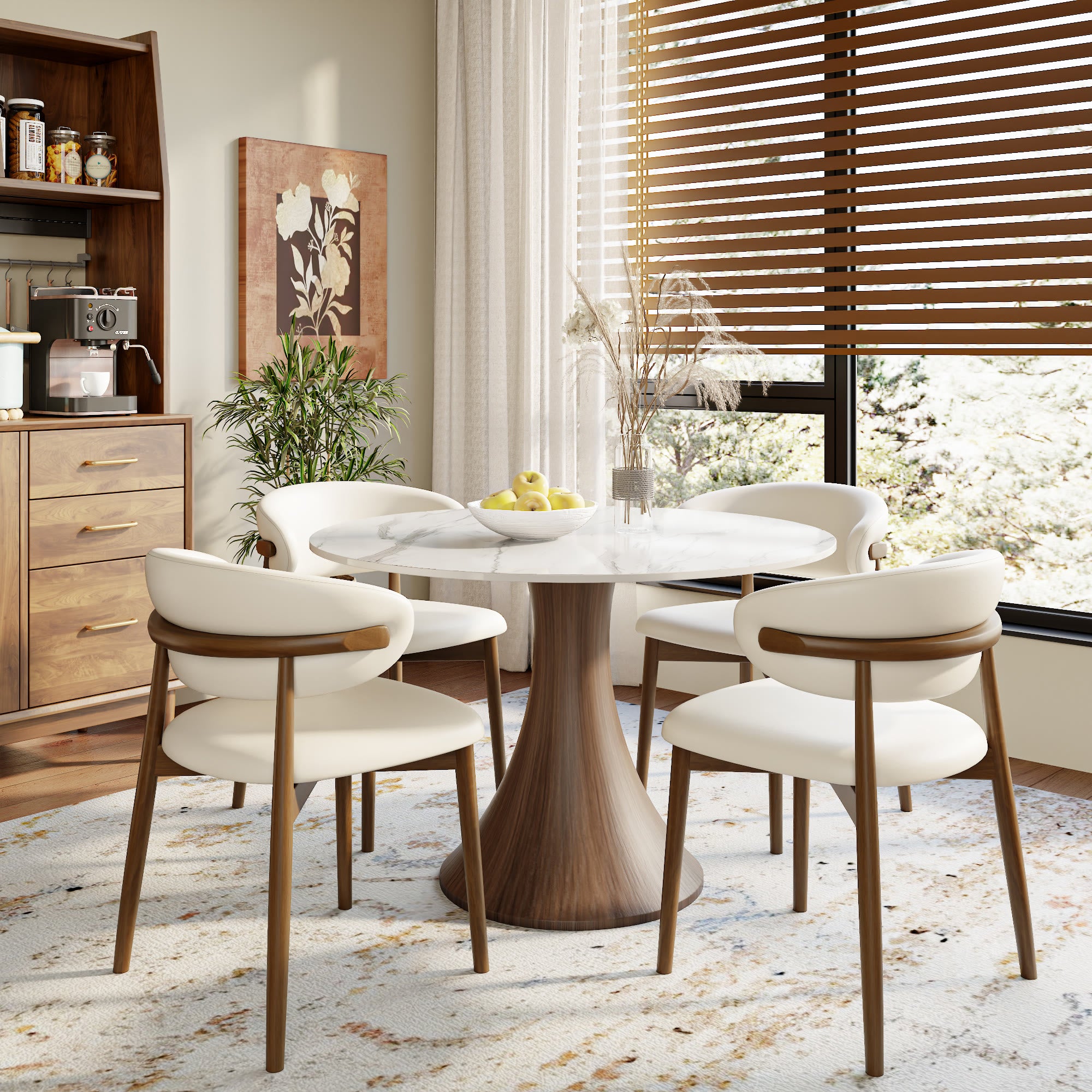 Aurelia Dark Walnut Solid Wood Pedestal Round Dining Table with Snow White Stone Top - image 4