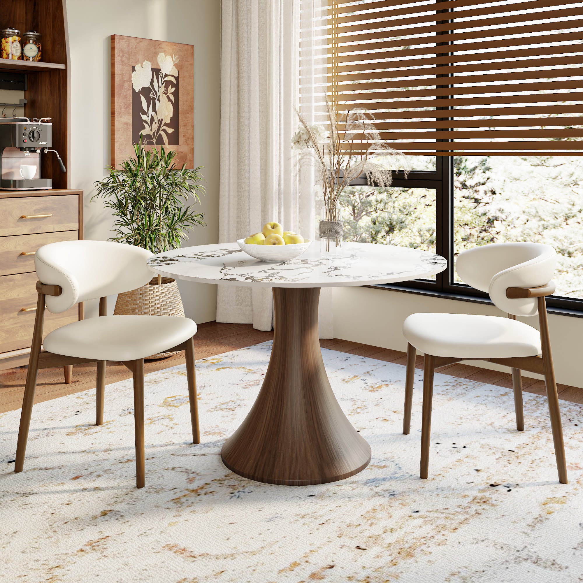 Aurelia Dark Walnut Solid Wood Pedestal Round Dining Table with Ink-Veined Stone Top - image 3