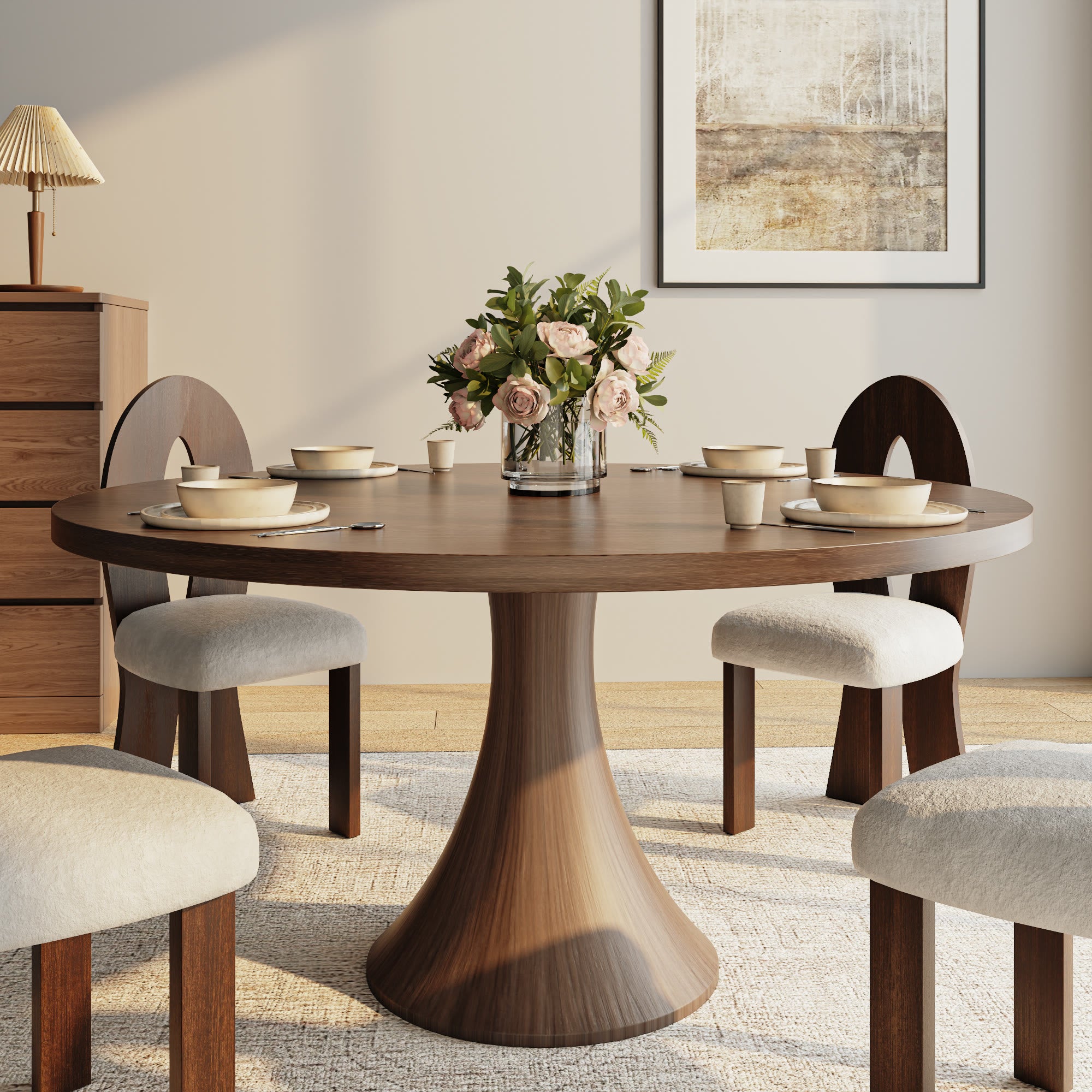Luxury Gray Mid-Century Modern Round Dining Table For 4/6/8 - Dark Walnut - 59" Table - image 7