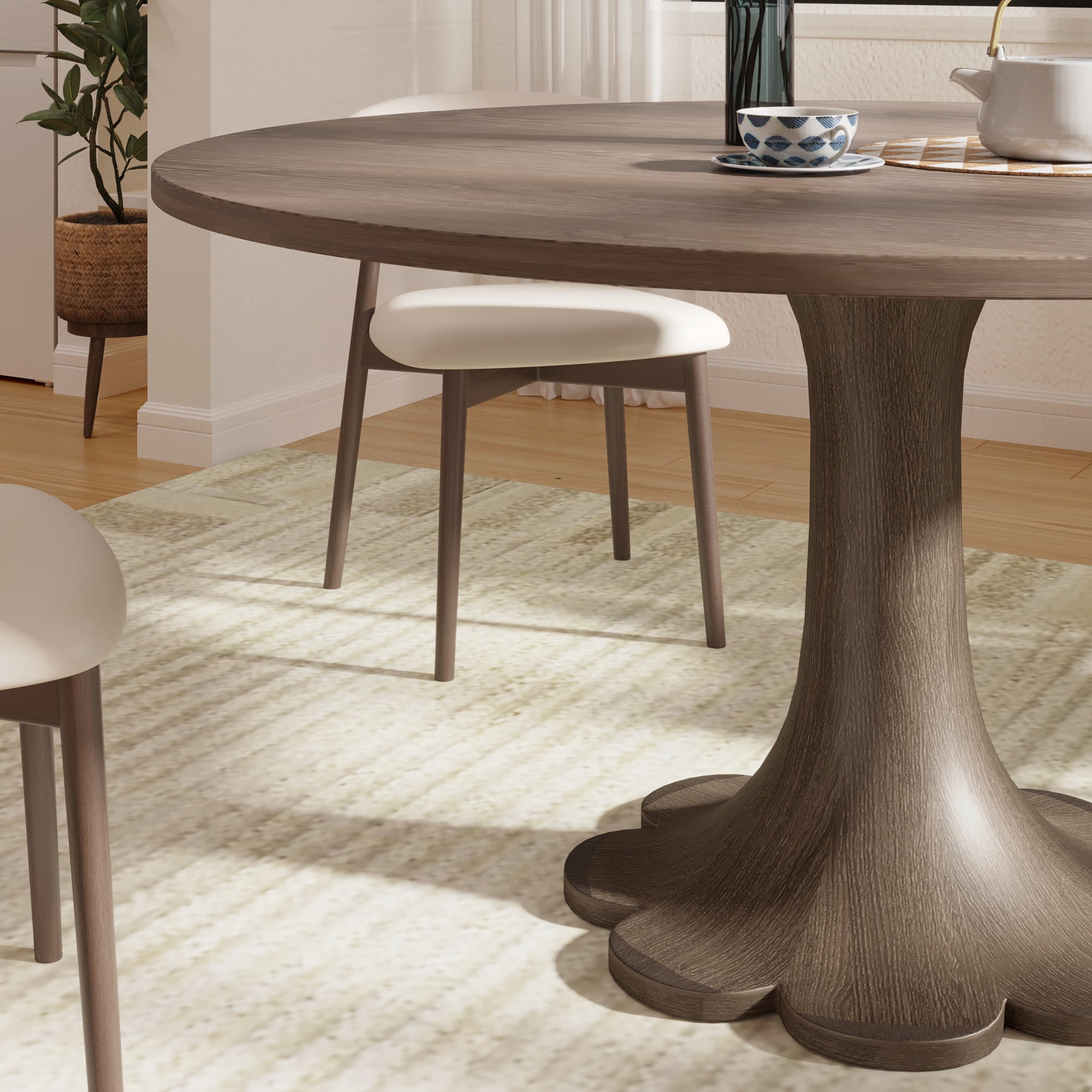 Dark Walnut-colored Floral-shape Dining Table For 4-8 Seats - image 4