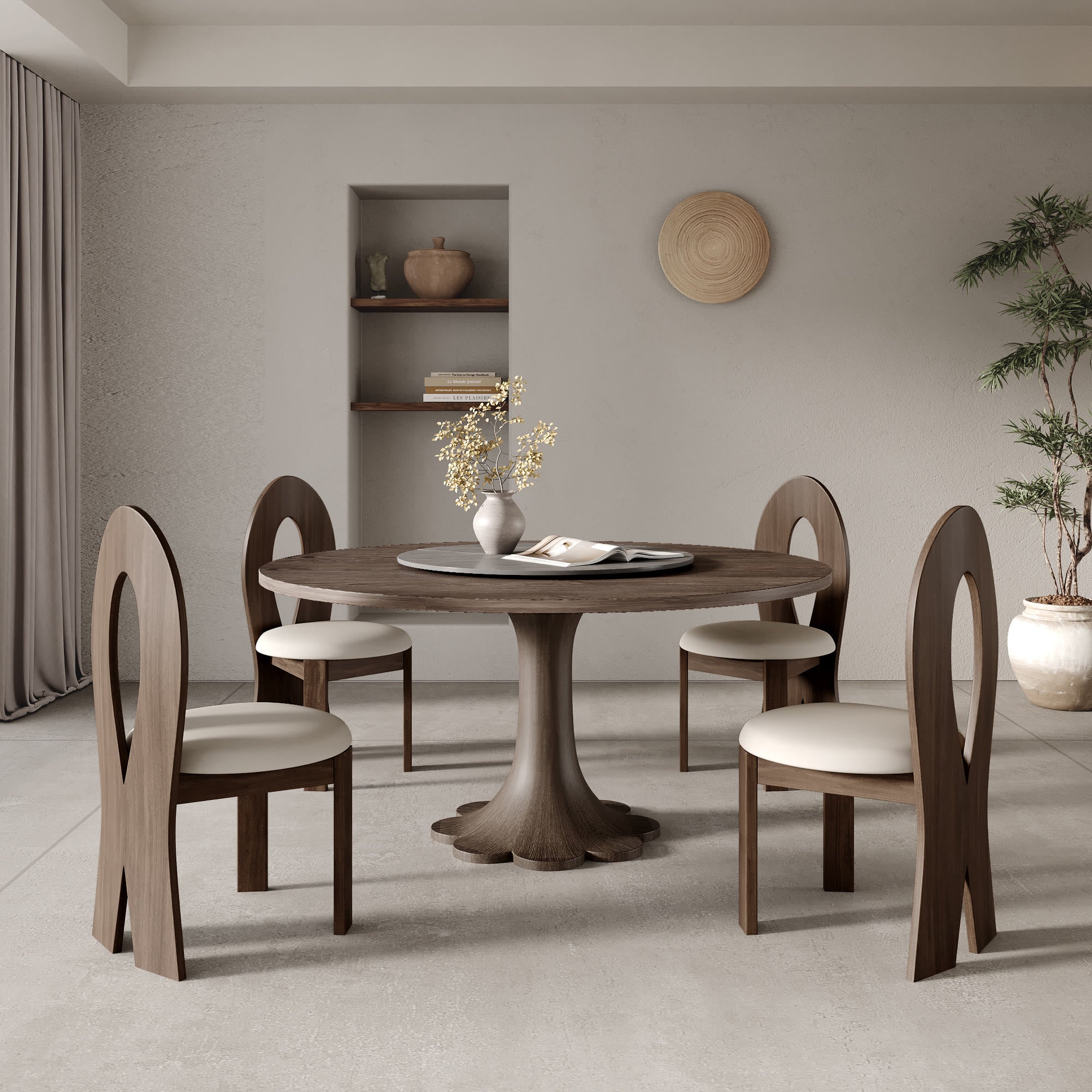 Liora Dark Walnut Solid Wood Pedestal Round Dining Table with Gray Lazy Susan - image 2