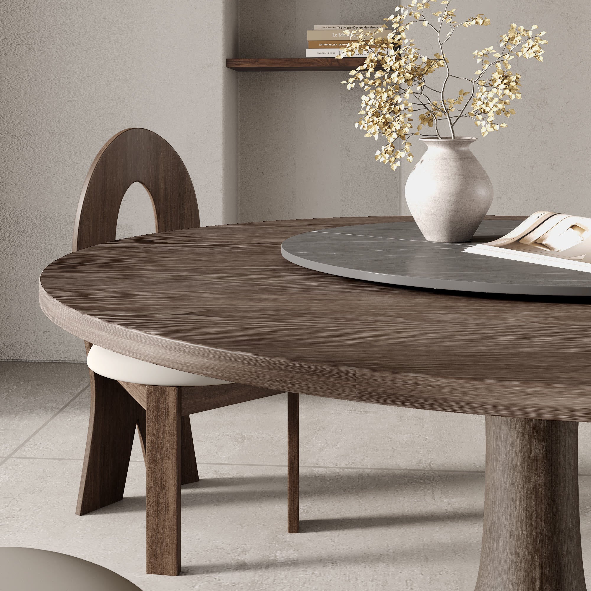 Liora Dark Walnut Solid Wood Pedestal Round Dining Table with Gray Lazy Susan - image 6