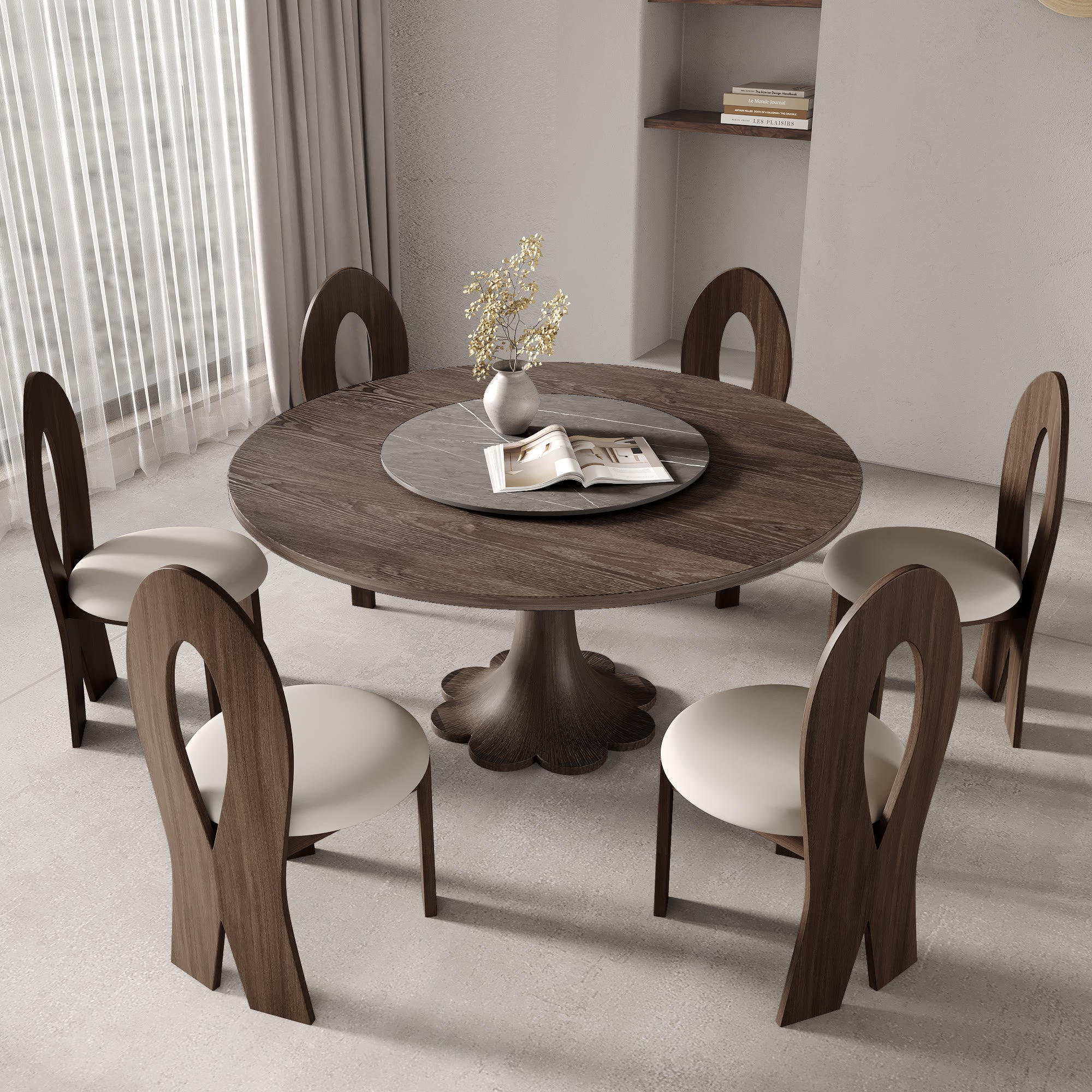 Liora Dark Walnut Solid Wood Pedestal Round Dining Table with Gray Lazy Susan - image 4