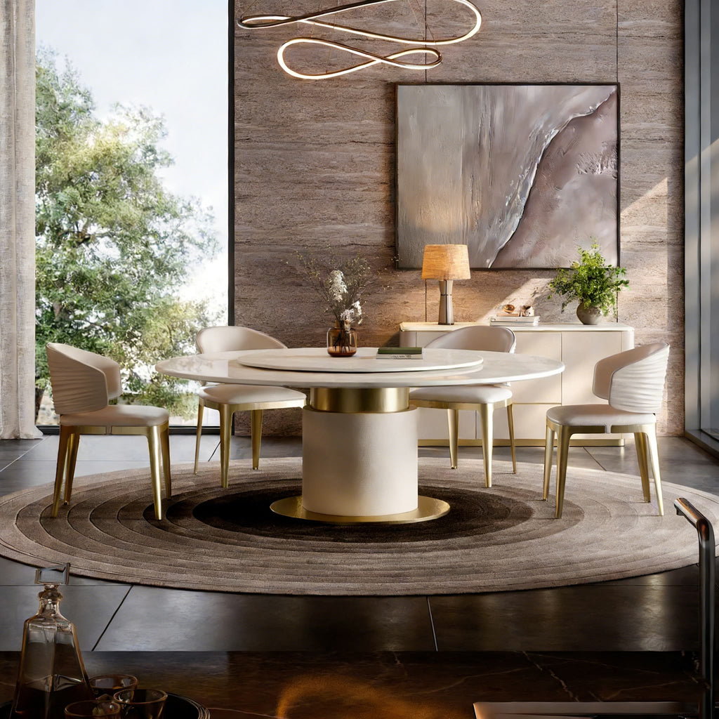 Light Luxury Round Marble Dining Table with Matching Stone Lazy Susan for Home & Small Spaces, Premium Luxury Stone - 59.06'' W X 59.06'' D X 29.53'' H - image 0