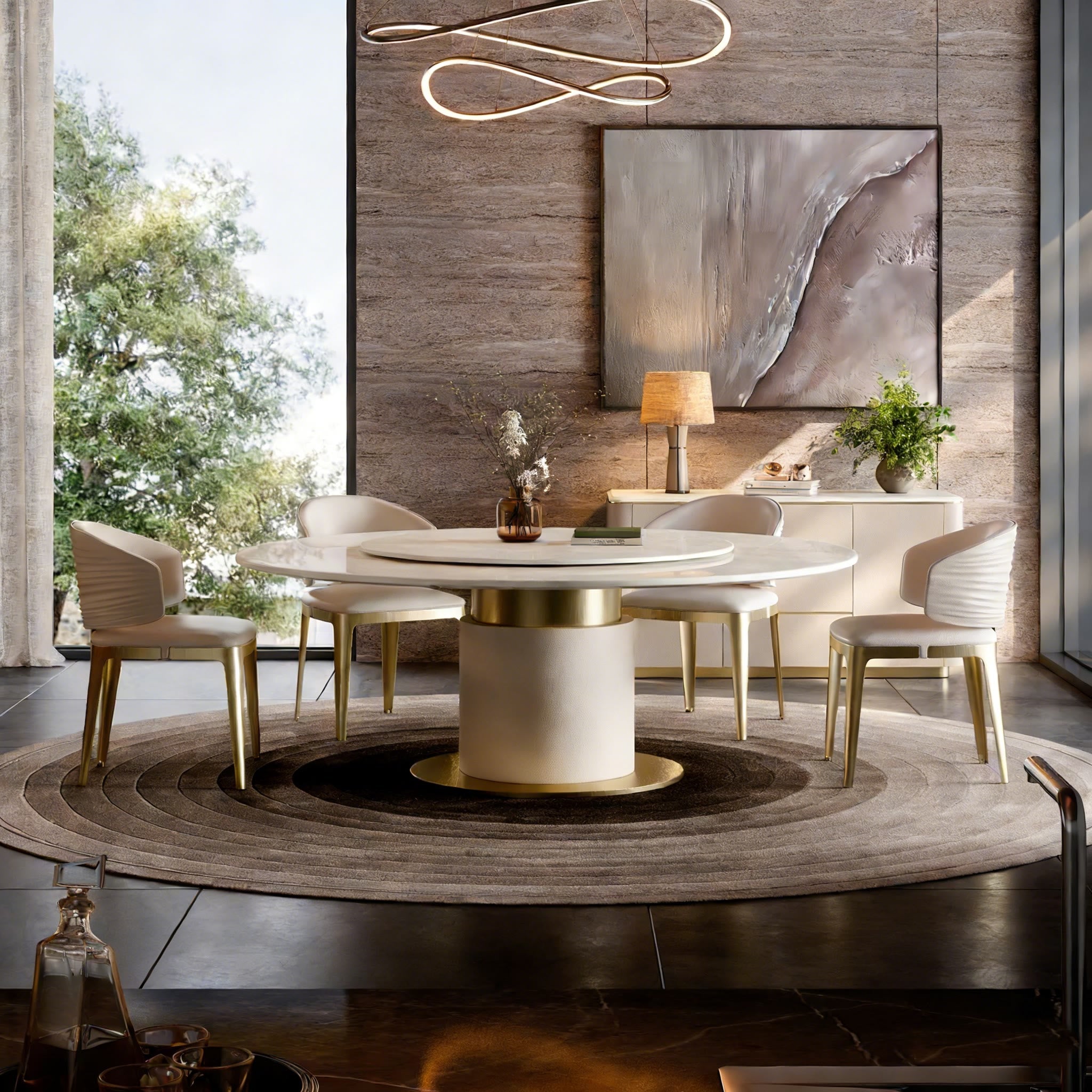 Light Luxury Round Marble Dining Table with Matching Stone Lazy Susan for Home & Small Spaces, Premium Luxury Stone - 59.06'' W X 59.06'' D X 29.53'' H - image 0
