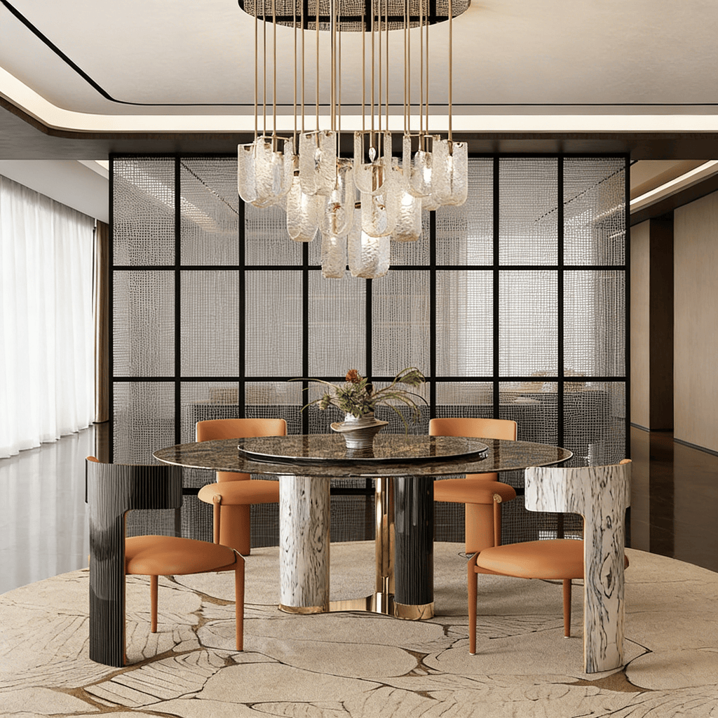 Luxury Round Natural Stone Dining Table with Triple-Pillar Base - 59.05'' W X 59.05'' D X 29.53'' H with Lazy Susan - image 0