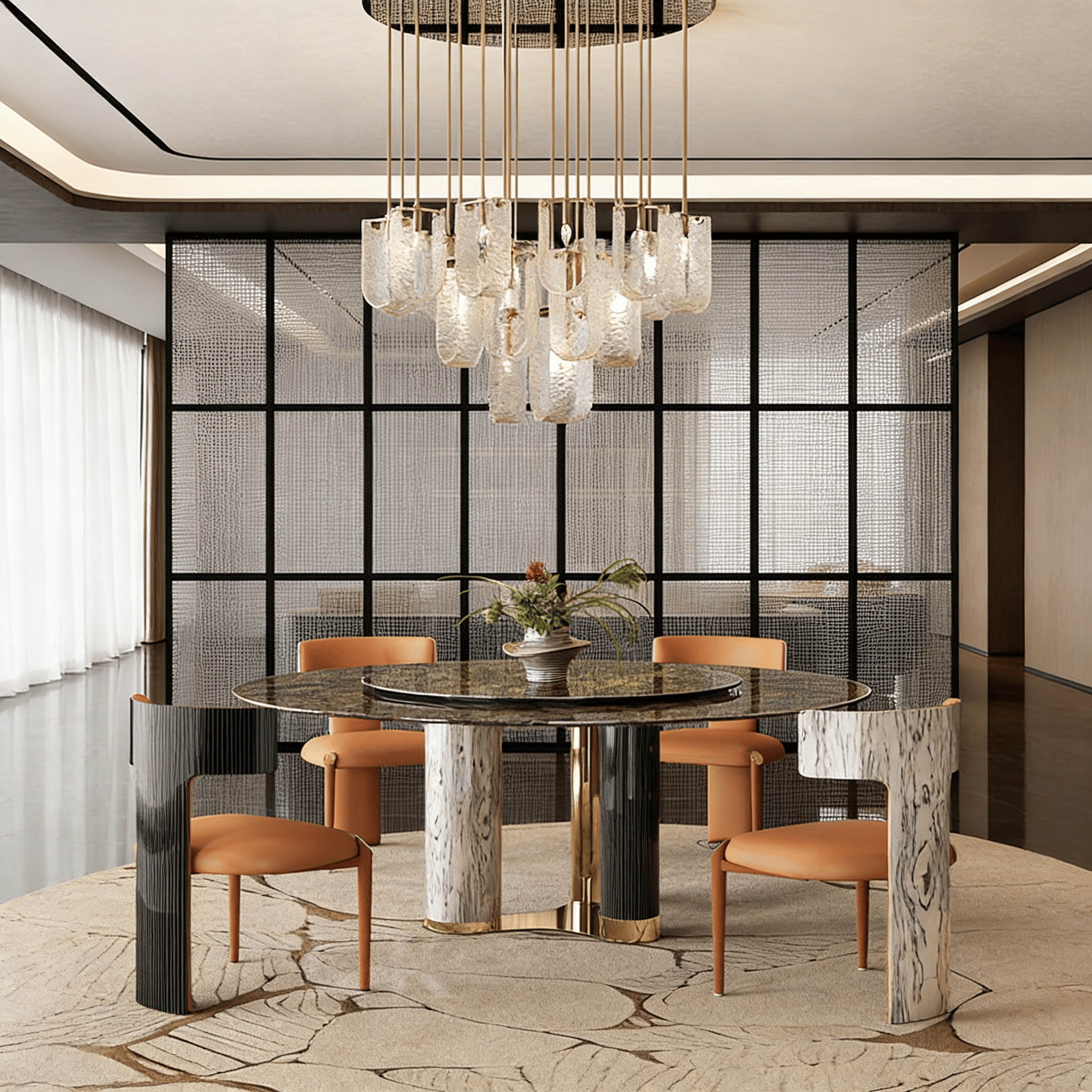 Luxury Round Natural Stone Dining Table with Triple-Pillar Base - 59.05'' W X 59.05'' D X 29.53'' H with Lazy Susan - image 0