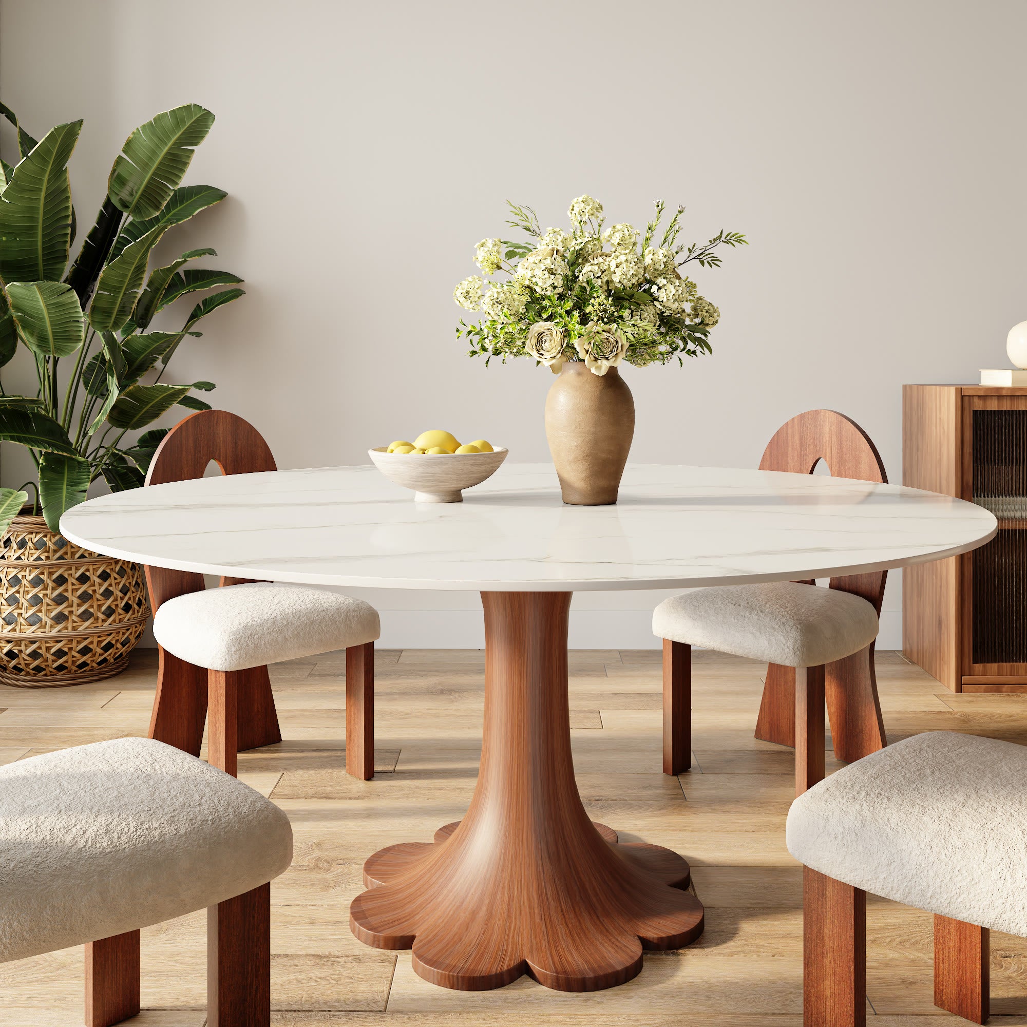 Liora Farmhouse-Style Red Walnut Floral-shape Solid Wood Pedestal Round Dining Table  - Snowy White - without Lazy Susan - 59" Table - image 0