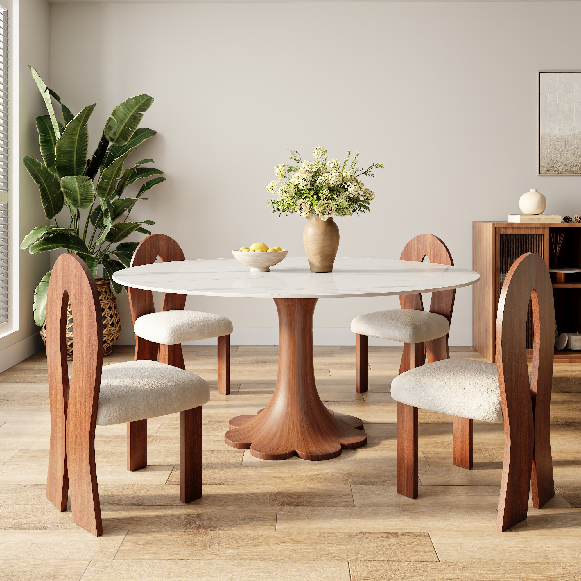 Liora Farmhouse-Style Red Walnut Floral-shape Solid Wood Pedestal Round Dining Table  - image 1