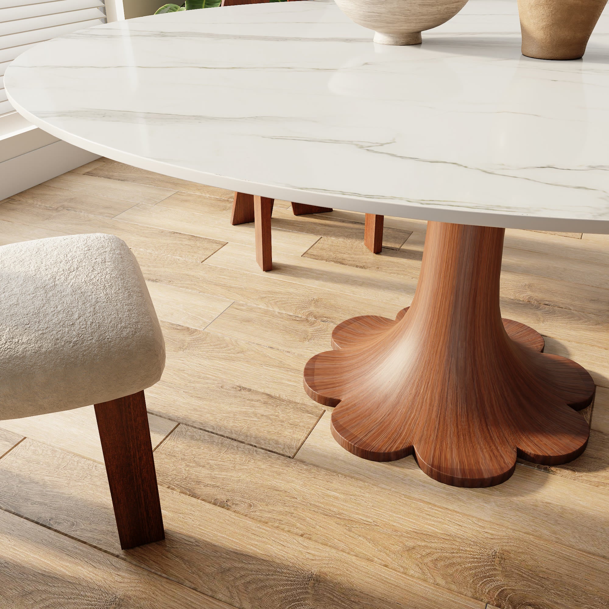 Liora Farmhouse-Style Red Walnut Floral-shape Solid Wood Pedestal Round Dining Table  - image 4