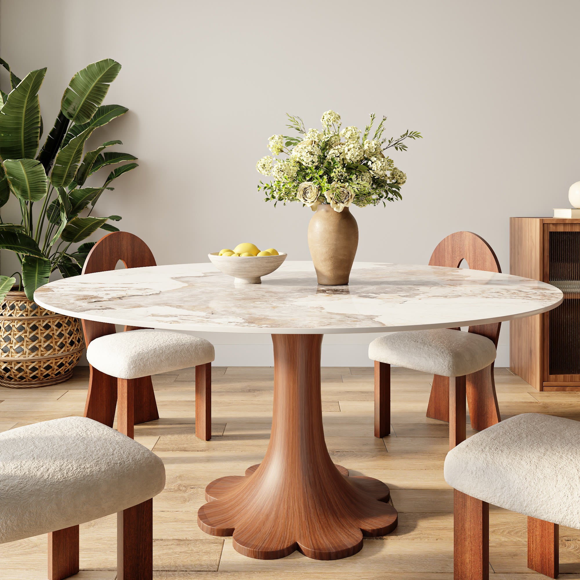 Liora Farmhouse-Style Red Walnut Floral-shape Solid Wood Pedestal Round Dining Table  - Pandora - without Lazy Susan - 59" Table - image 11