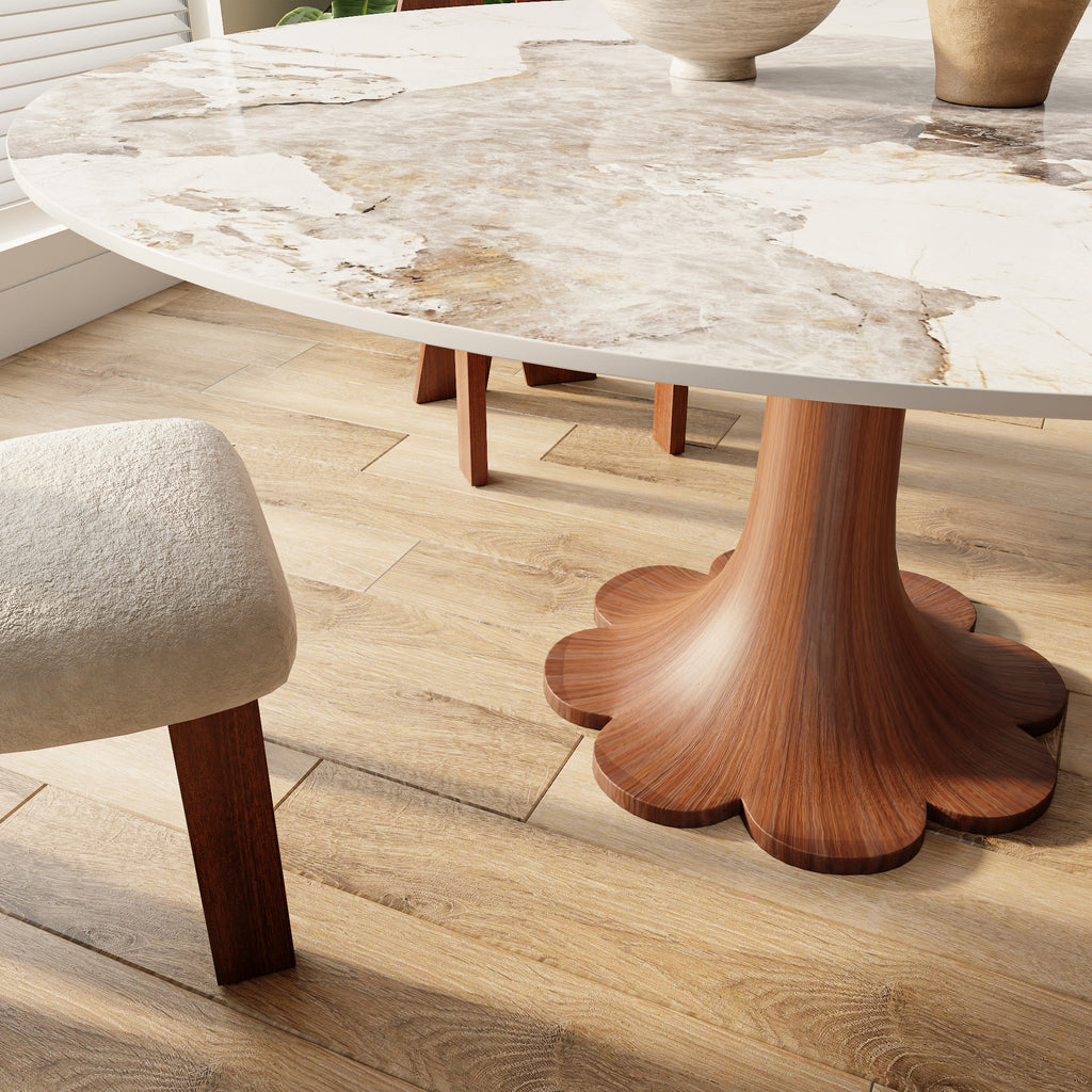 Liora Farmhouse-Style Red Walnut Floral-shape Solid Wood Pedestal Round Dining Table  - image 15