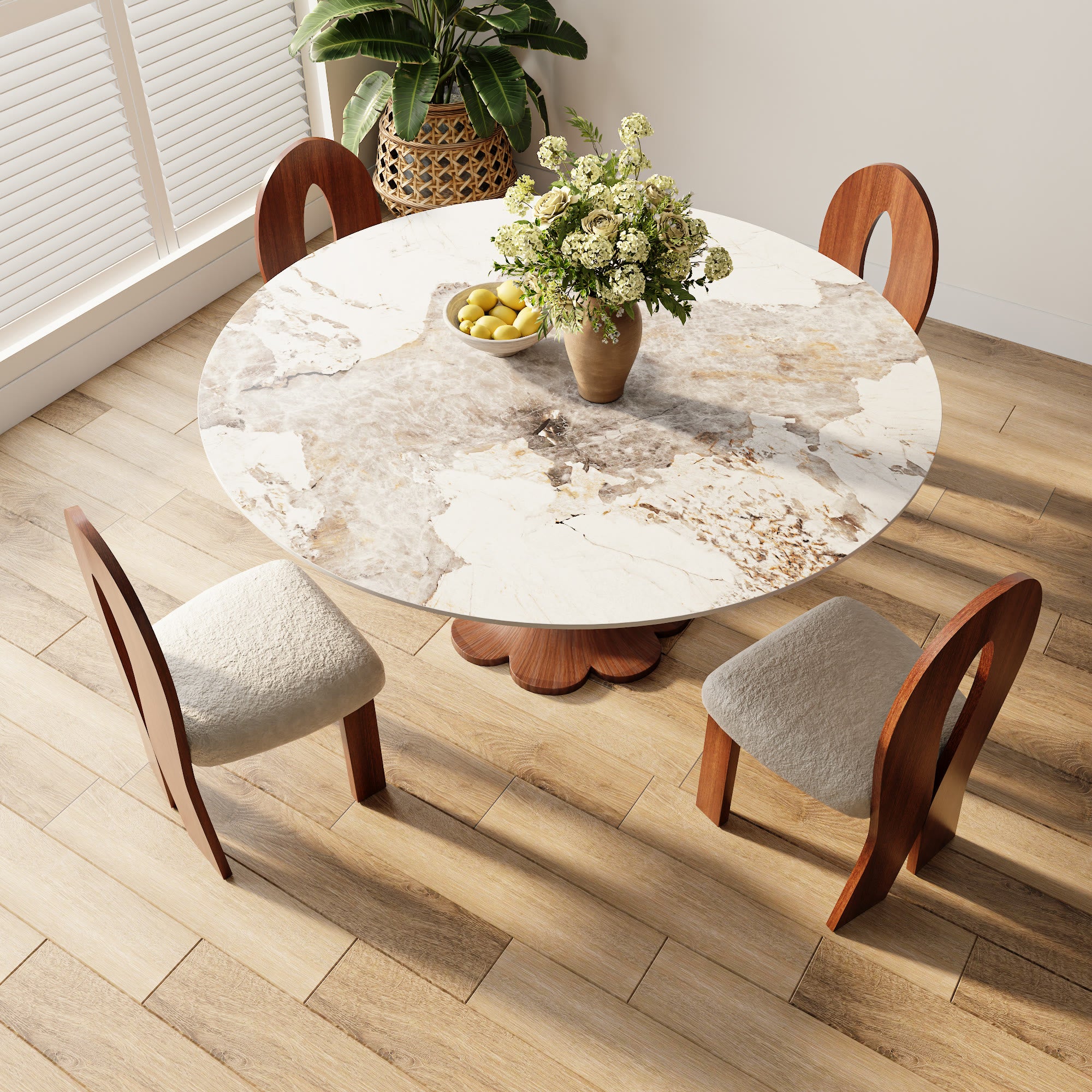 Liora Farmhouse-Style Red Walnut Floral-shape Solid Wood Pedestal Round Dining Table  - image 13