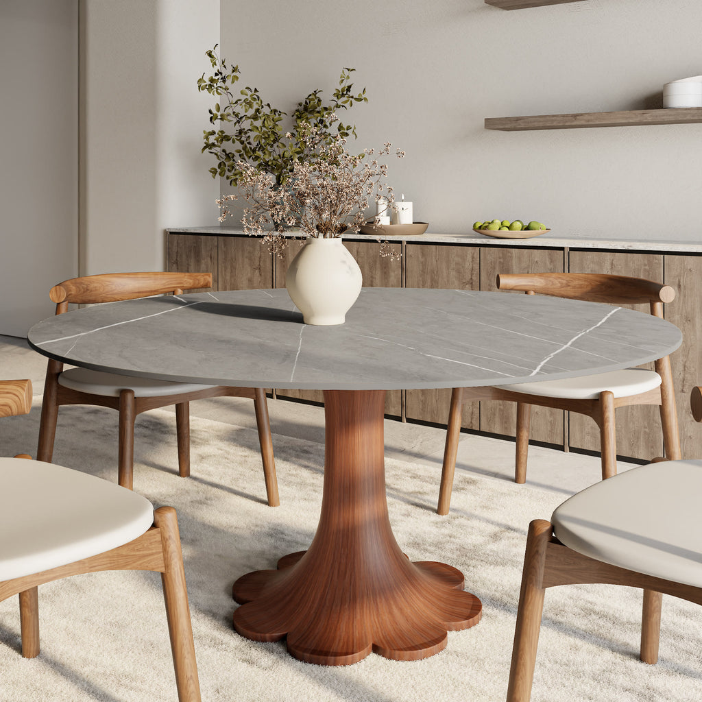 Liora Farmhouse-Style Red Walnut Floral-shape Solid Wood Pedestal Round Dining Table  - Gray - without Lazy Susan - 59" Table - image 30