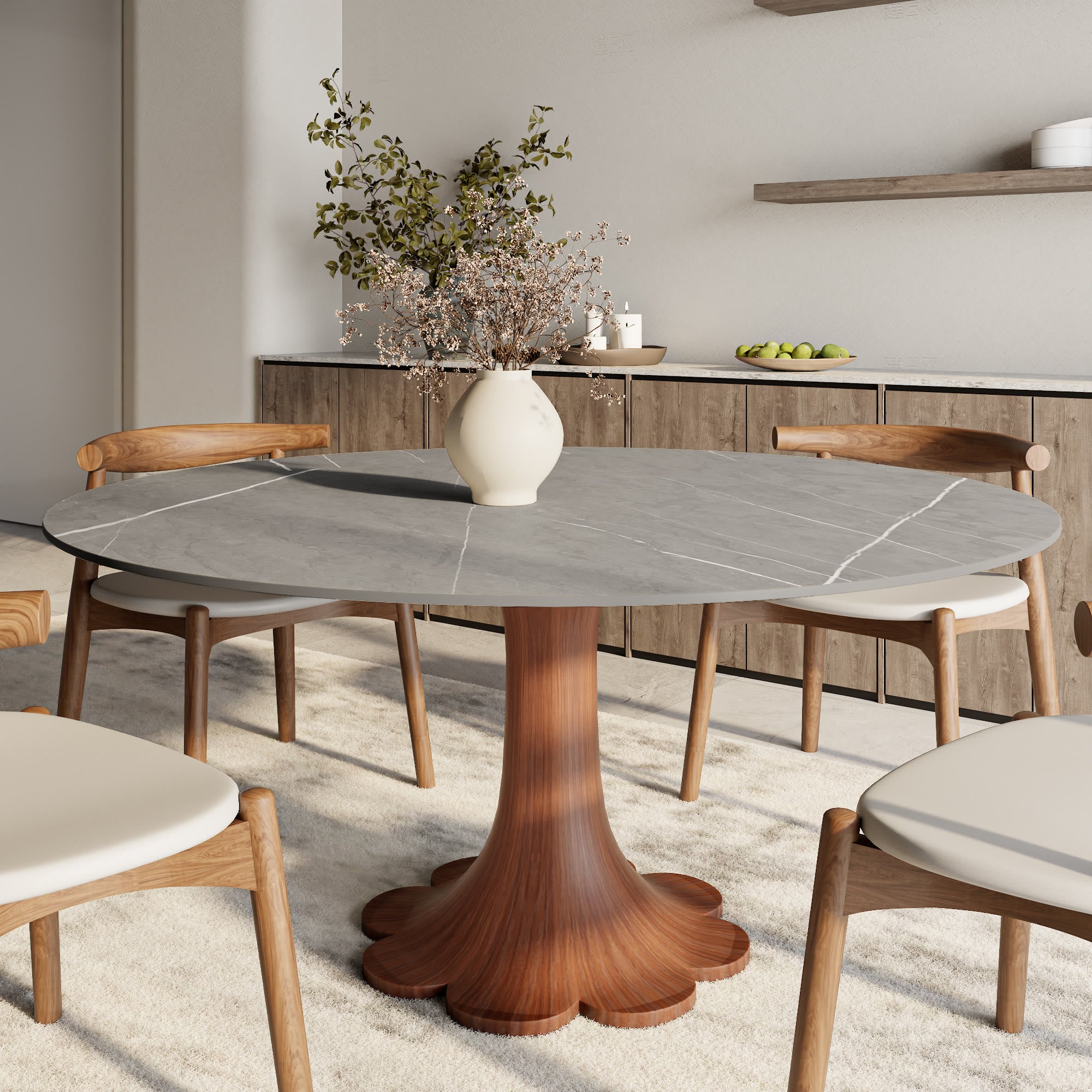 Liora Farmhouse-Style Red Walnut Floral-shape Solid Wood Pedestal Round Dining Table  - Gray - without Lazy Susan - 59" Table - image 30
