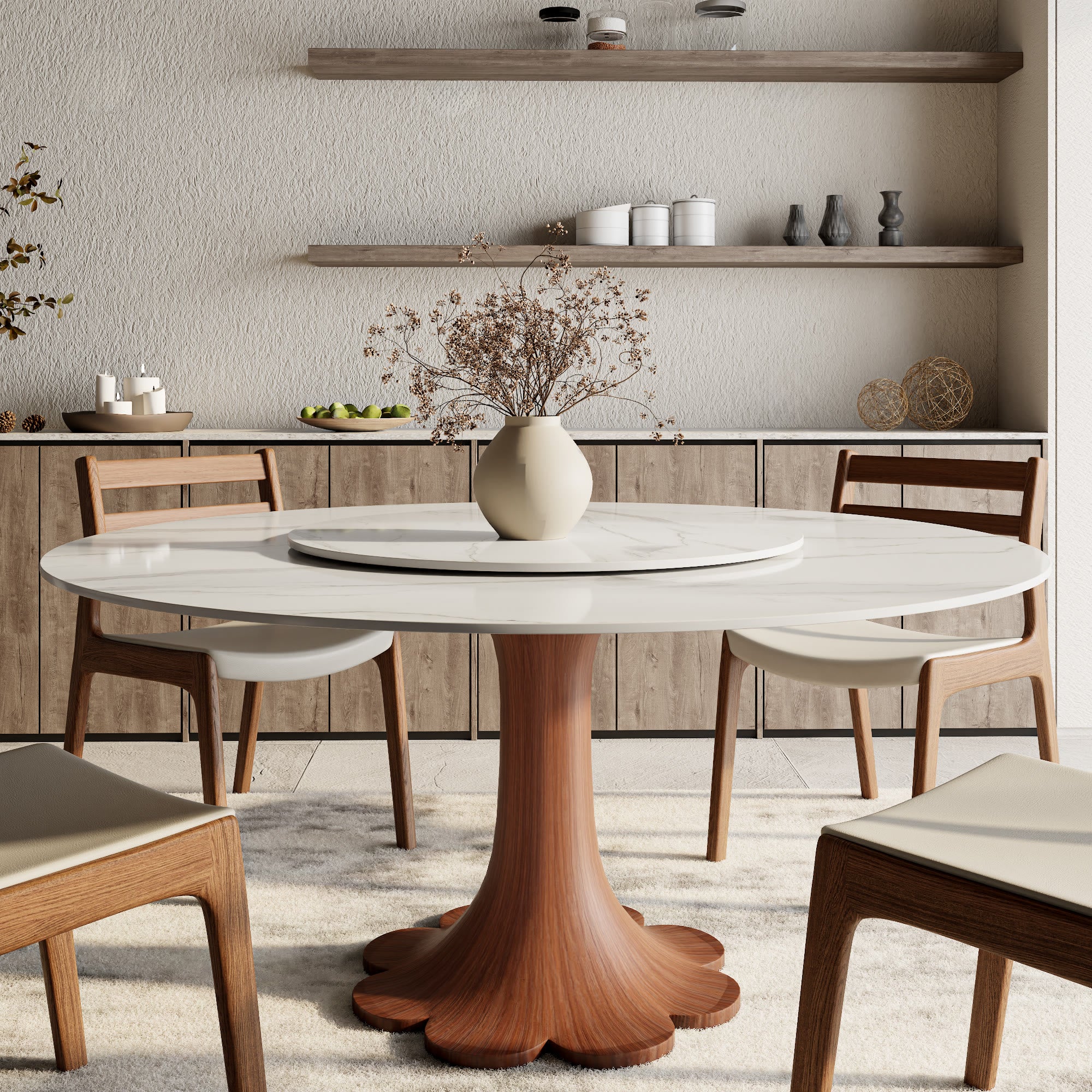 Liora Floral-Shape Pedestal Dining Table with Lazy Susan - Snowy White - 59" Table - image 0