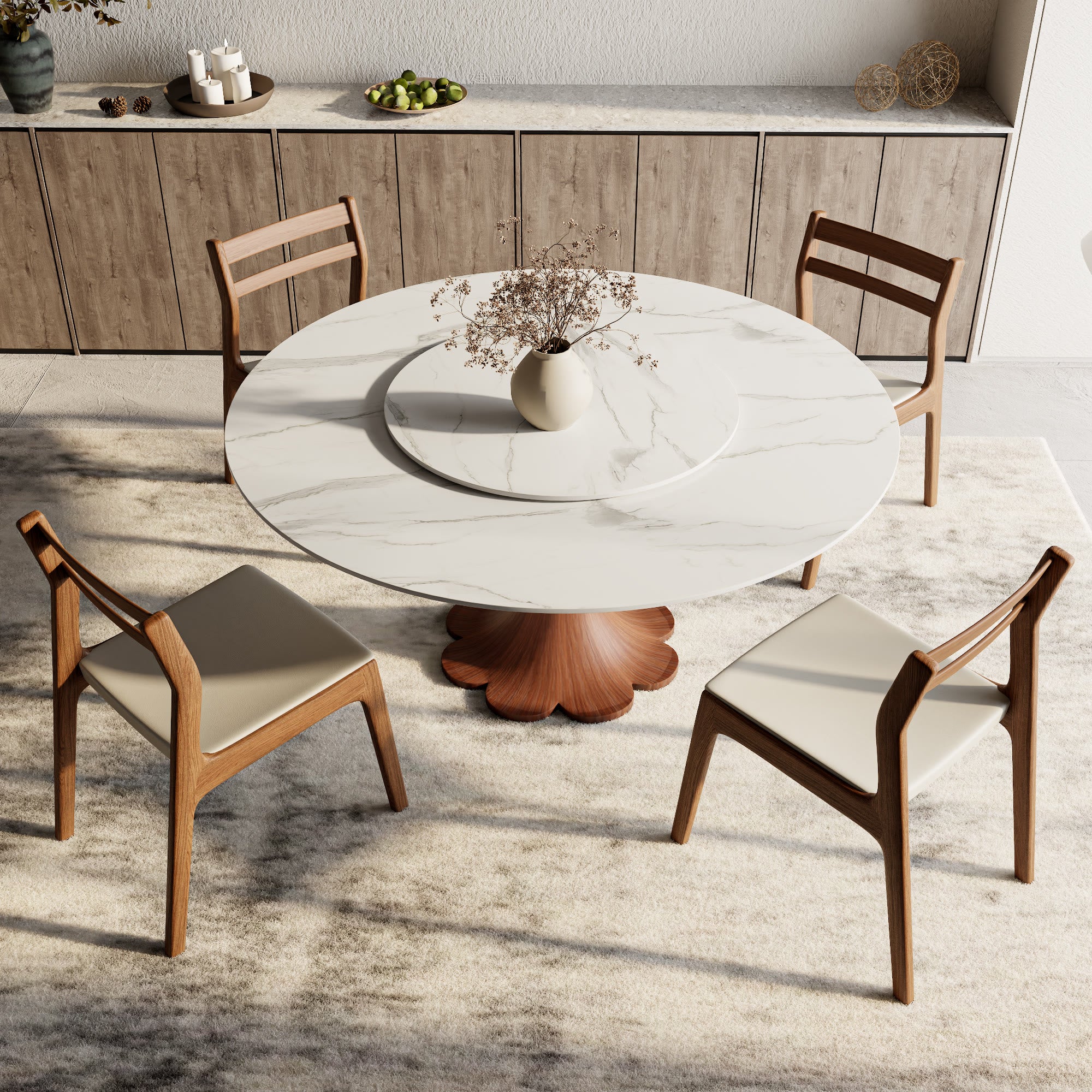 Liora Farmhouse-Style Red Walnut Floral-shape Solid Wood Pedestal Round Dining Table with Lazy Susan - image 2