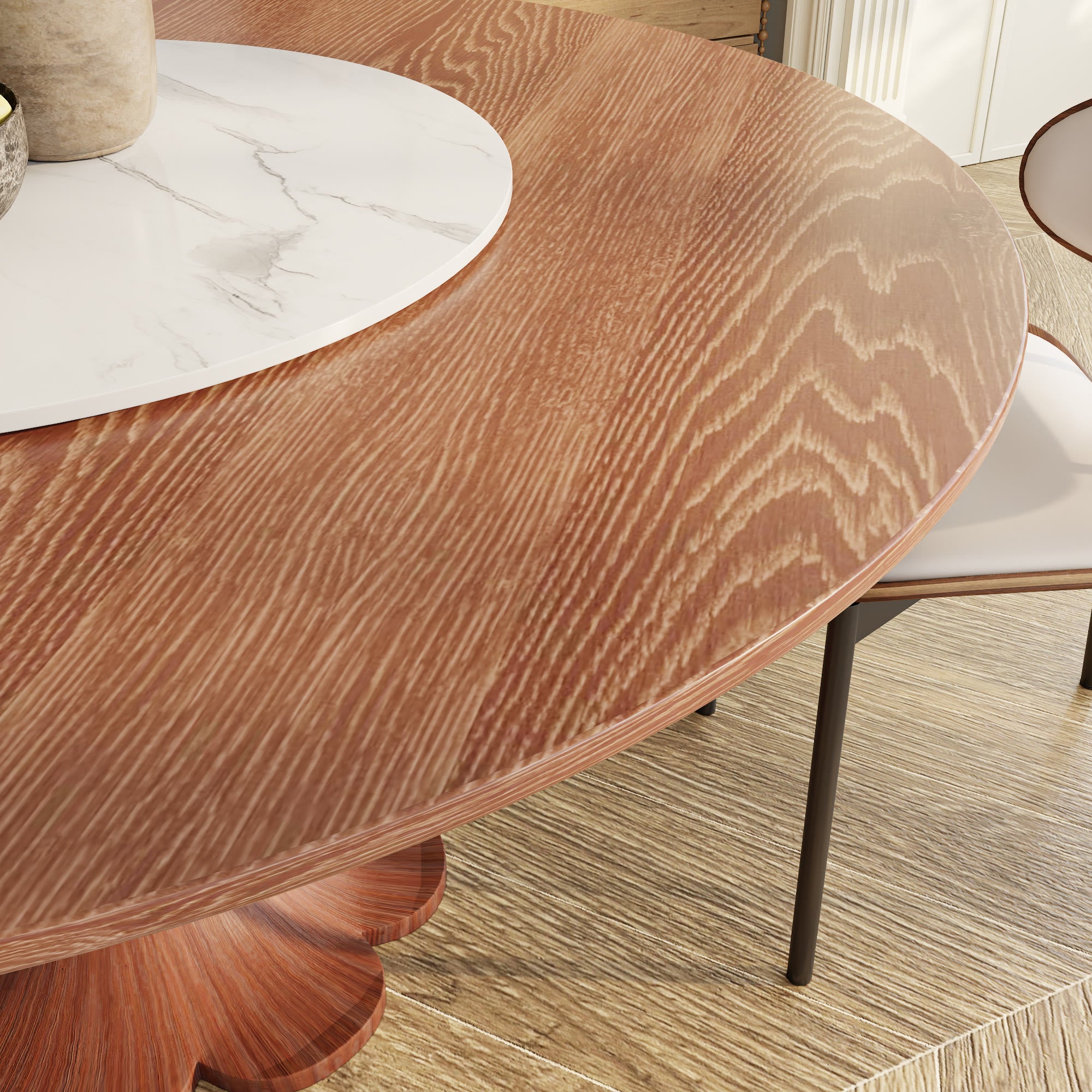 Liora Farmhouse-Style Red Walnut Floral-shape Solid Wood Pedestal Round Dining Table with Lazy Susan - image 24