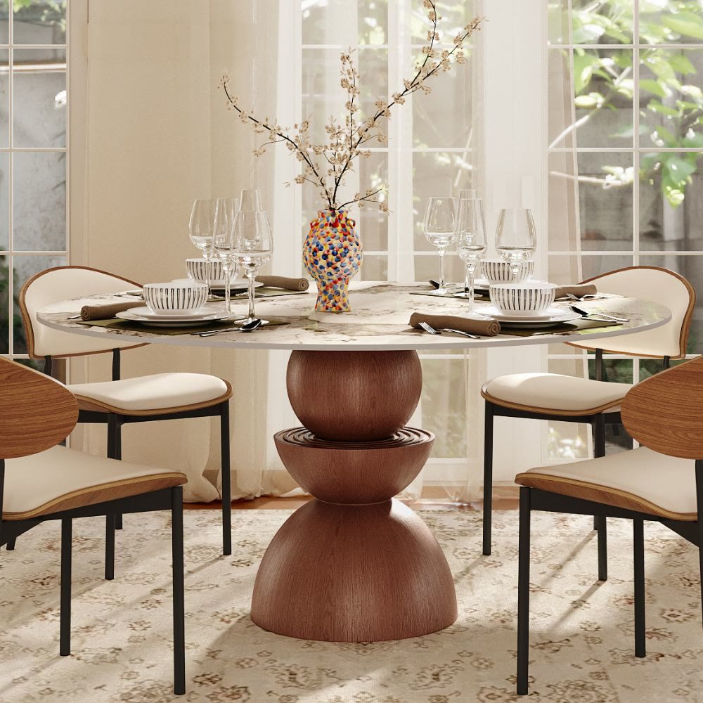 Mira Red Walnut Solid Wood Pedestal Round Dining Table - Pandora - 59" Table - without Lazy Susan - image 9