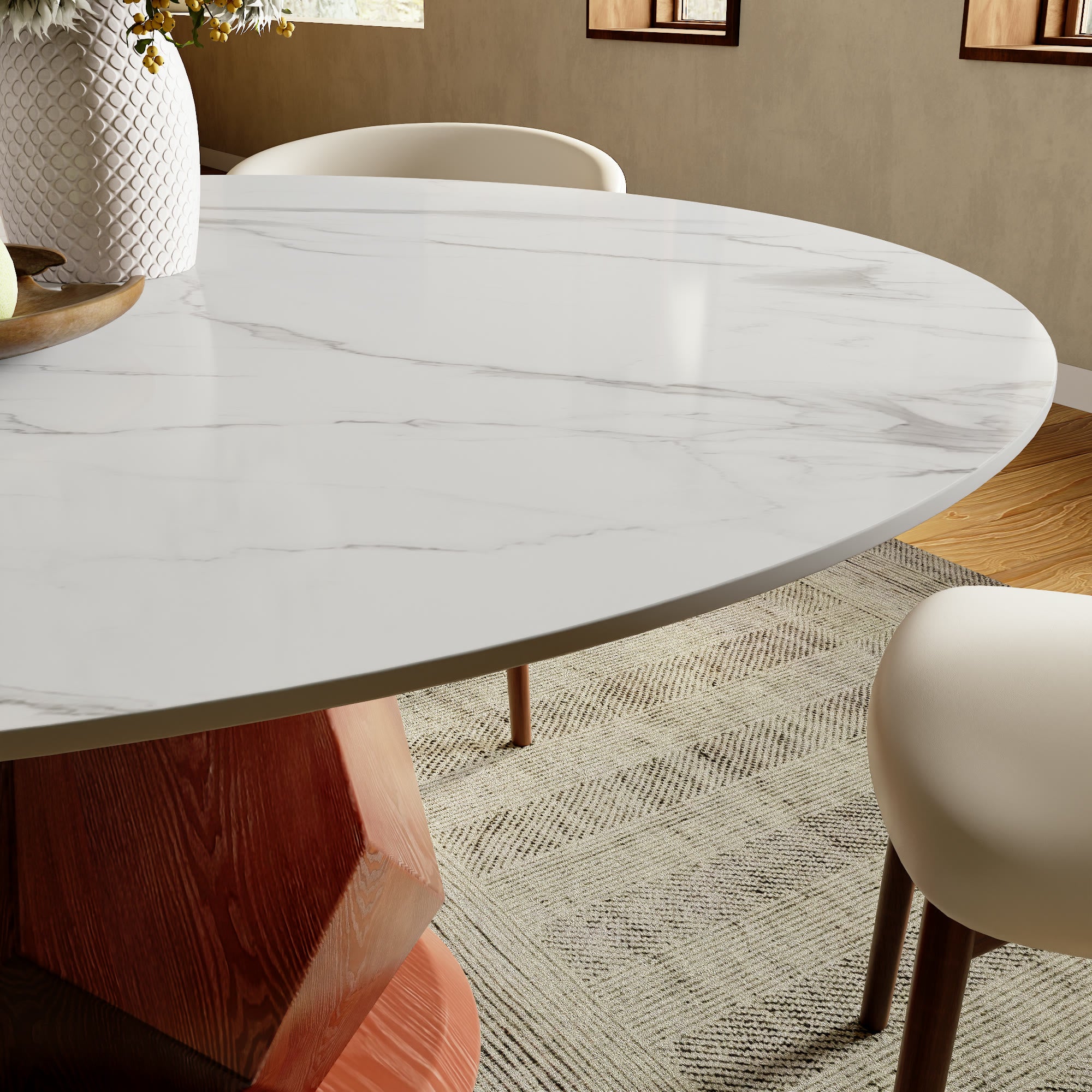 Prisma Red Walnut Solid Wood Geometric Pedestal Round Dining Table  - image 2