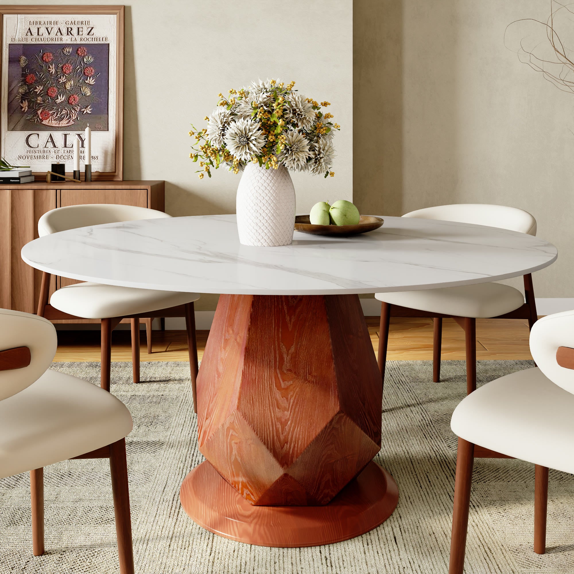 Prisma Red Walnut Solid Wood Geometric Pedestal Round Dining Table  - Snowy White - 59" Table - image 0