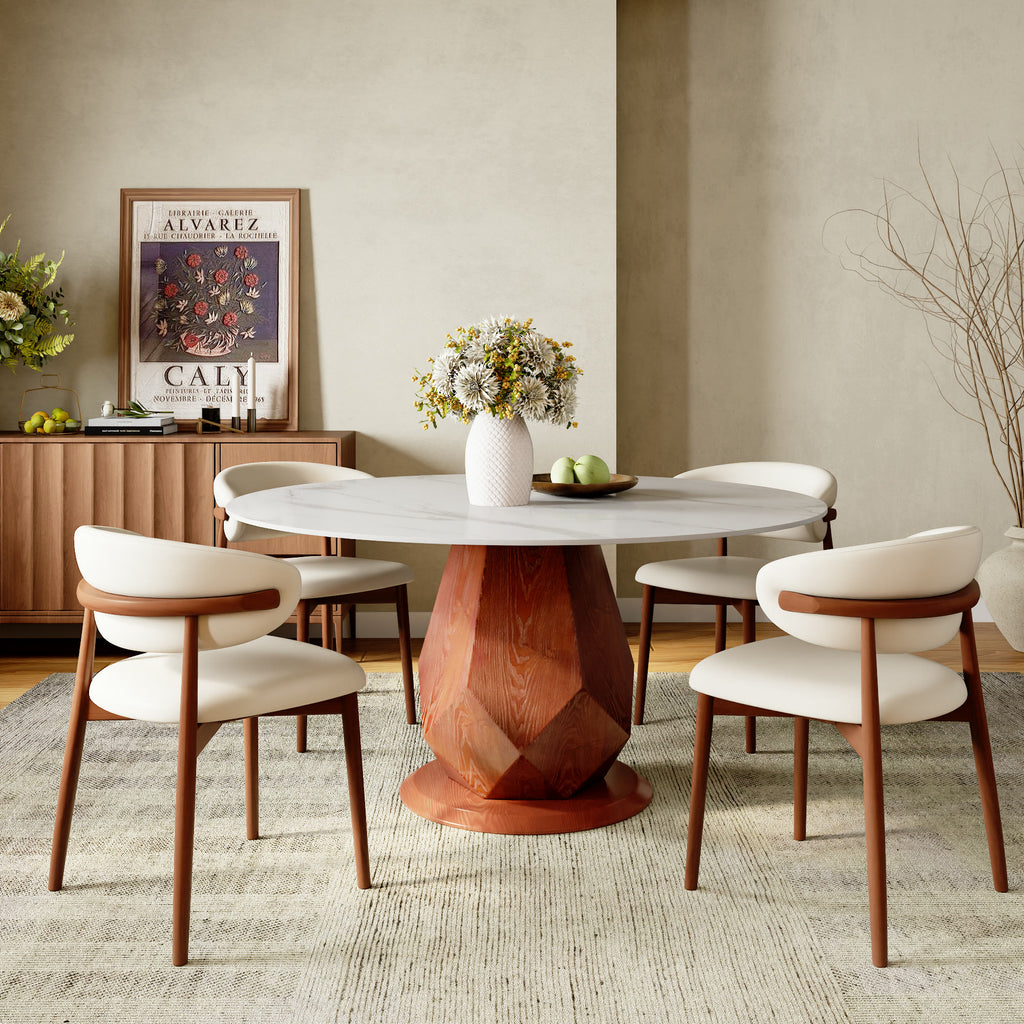 Prisma Red Walnut Solid Wood Geometric Pedestal Round Dining Table  - image 8