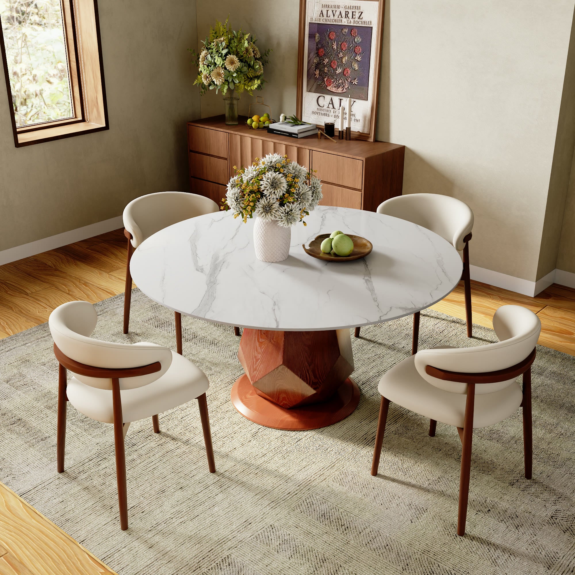 Prisma Red Walnut Solid Wood Geometric Pedestal Round Dining Table  - image 3