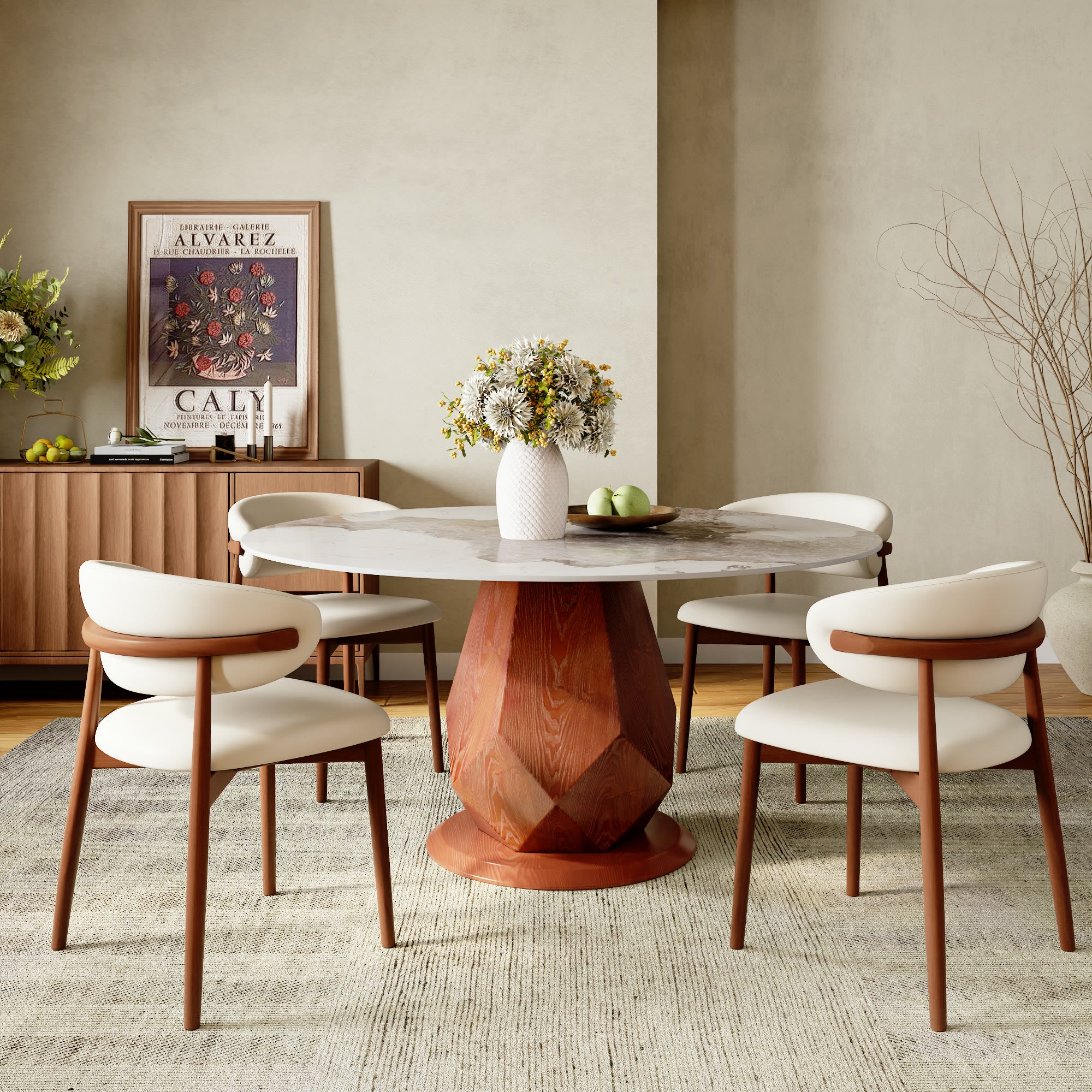 Prisma Red Walnut Solid Wood Geometric Pedestal Round Dining Table  - image 17