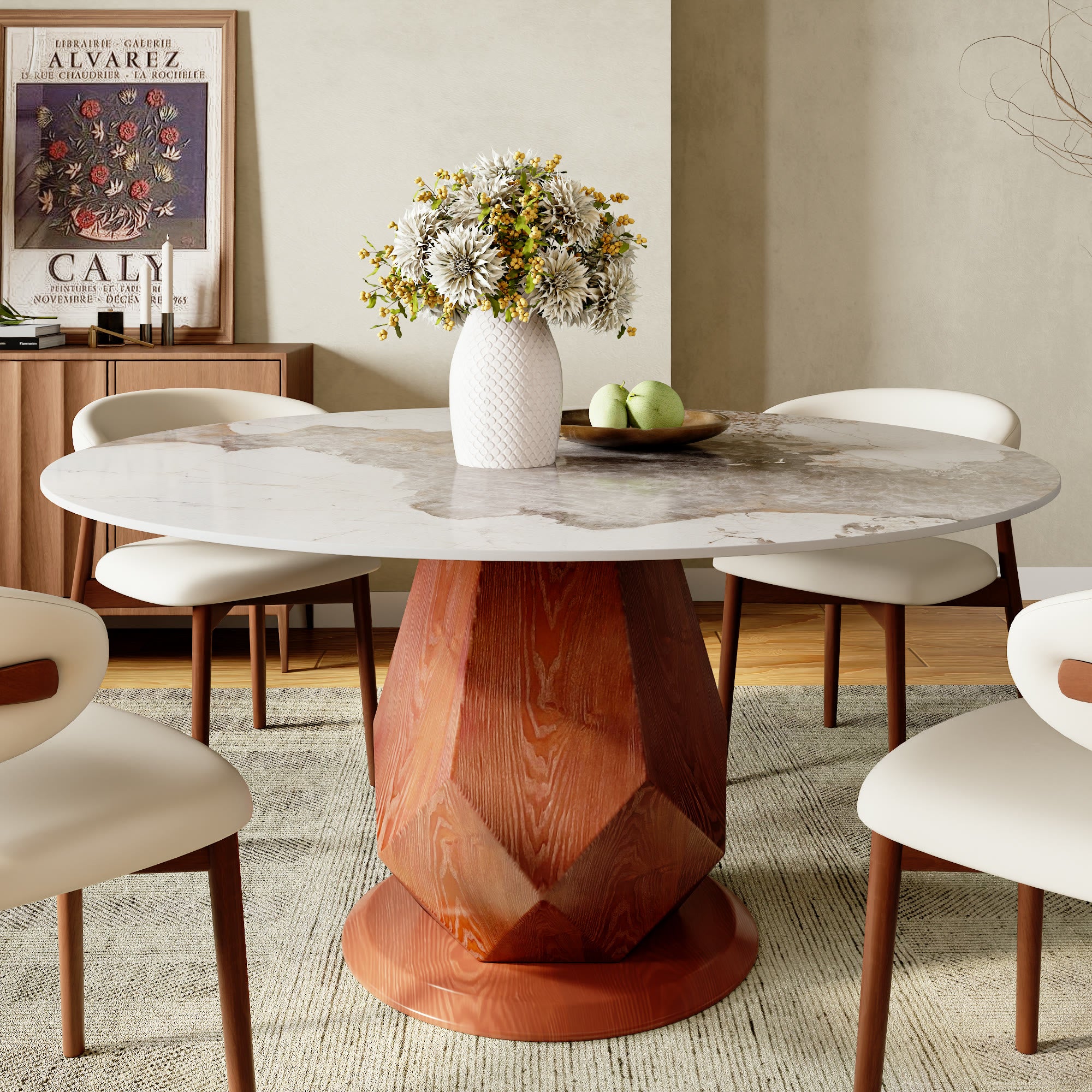 Prisma Red Walnut Solid Wood Geometric Pedestal Round Dining Table  - Pandora - 59" Table - without Lazy Susan - image 10