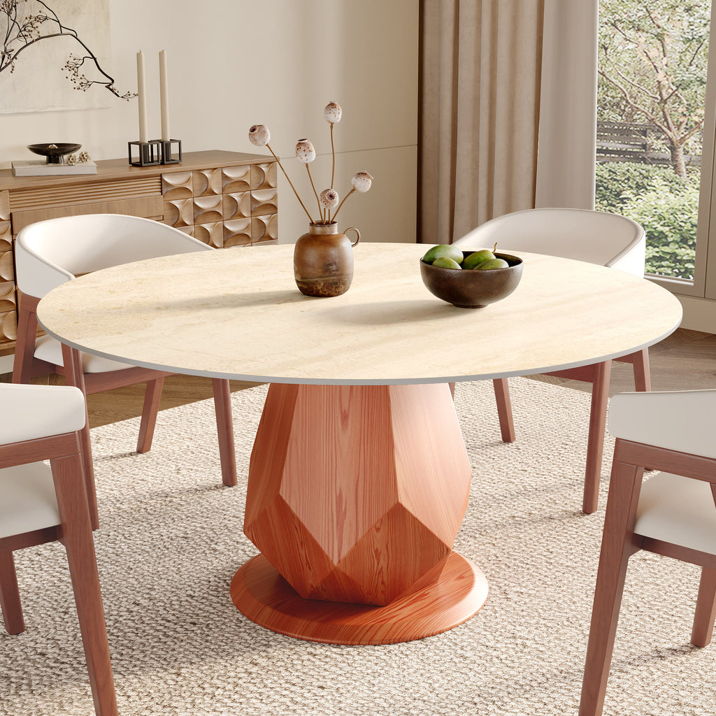Prisma Red Walnut Solid Wood Geometric Pedestal Round Dining Table  - Travertine - 59" Table - without Lazy Susan - image 19