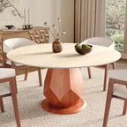 Prisma Red Walnut Solid Wood Geometric Pedestal Round Dining Table  - Travertine - 59" Table - without Lazy Susan - image 19