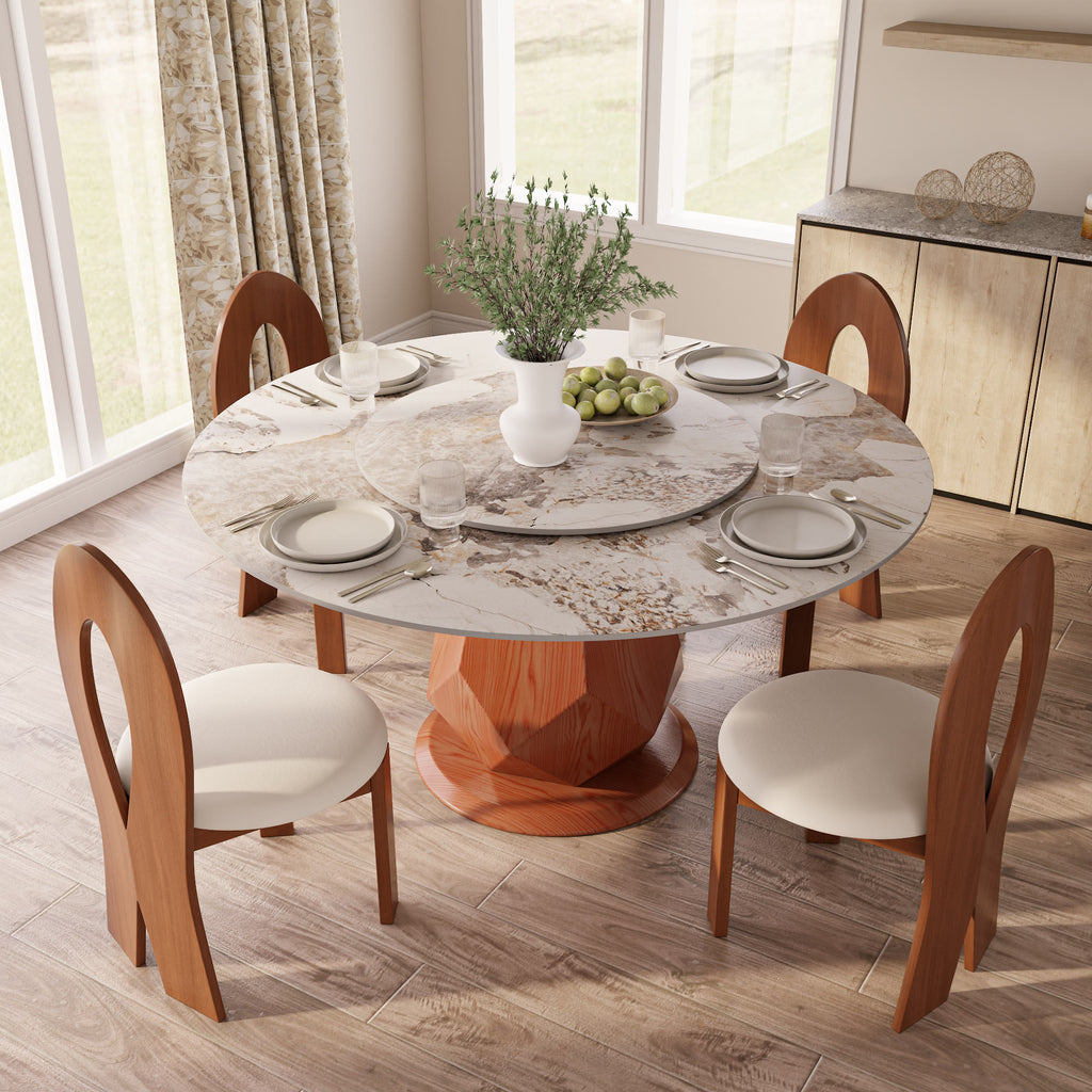 Prisma Red Walnut Solid Wood Geometric Pedestal Round Dining Table With Lazy Susan - image 11