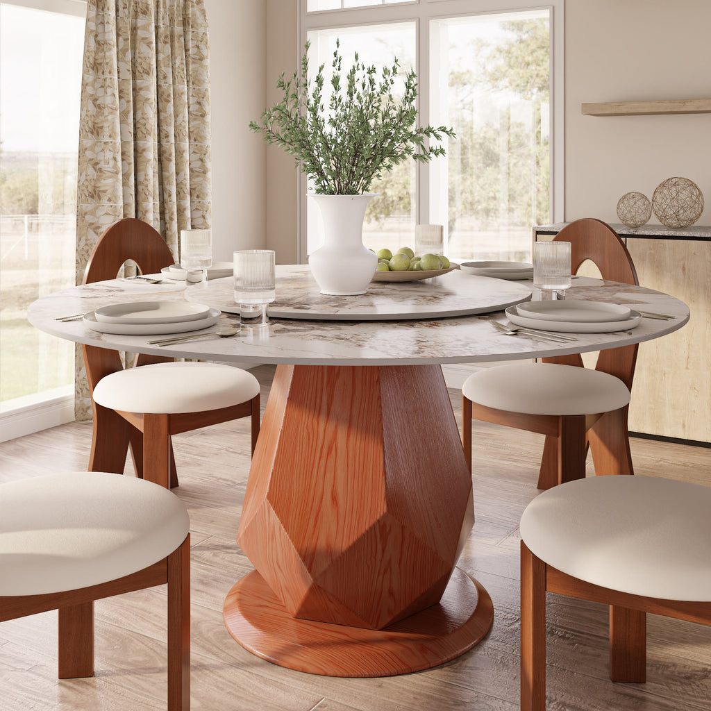 Prisma Red Walnut Solid Wood Geometric Pedestal Round Dining Table With Lazy Susan - Pandora - 59" Table - image 8