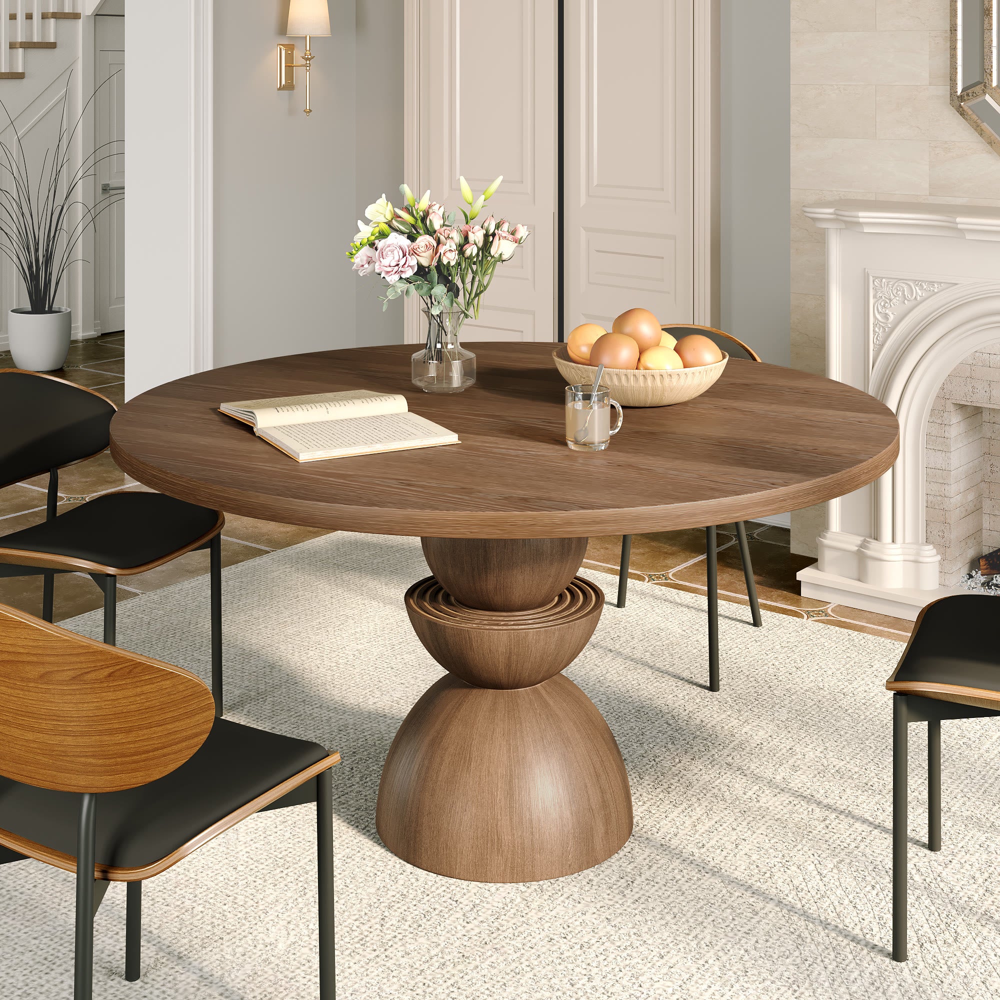 Mira Dark Walnut Solid Wood Pedestal Round Dining Table - Walnut - 59" Table - without Lazy Susan - image 18
