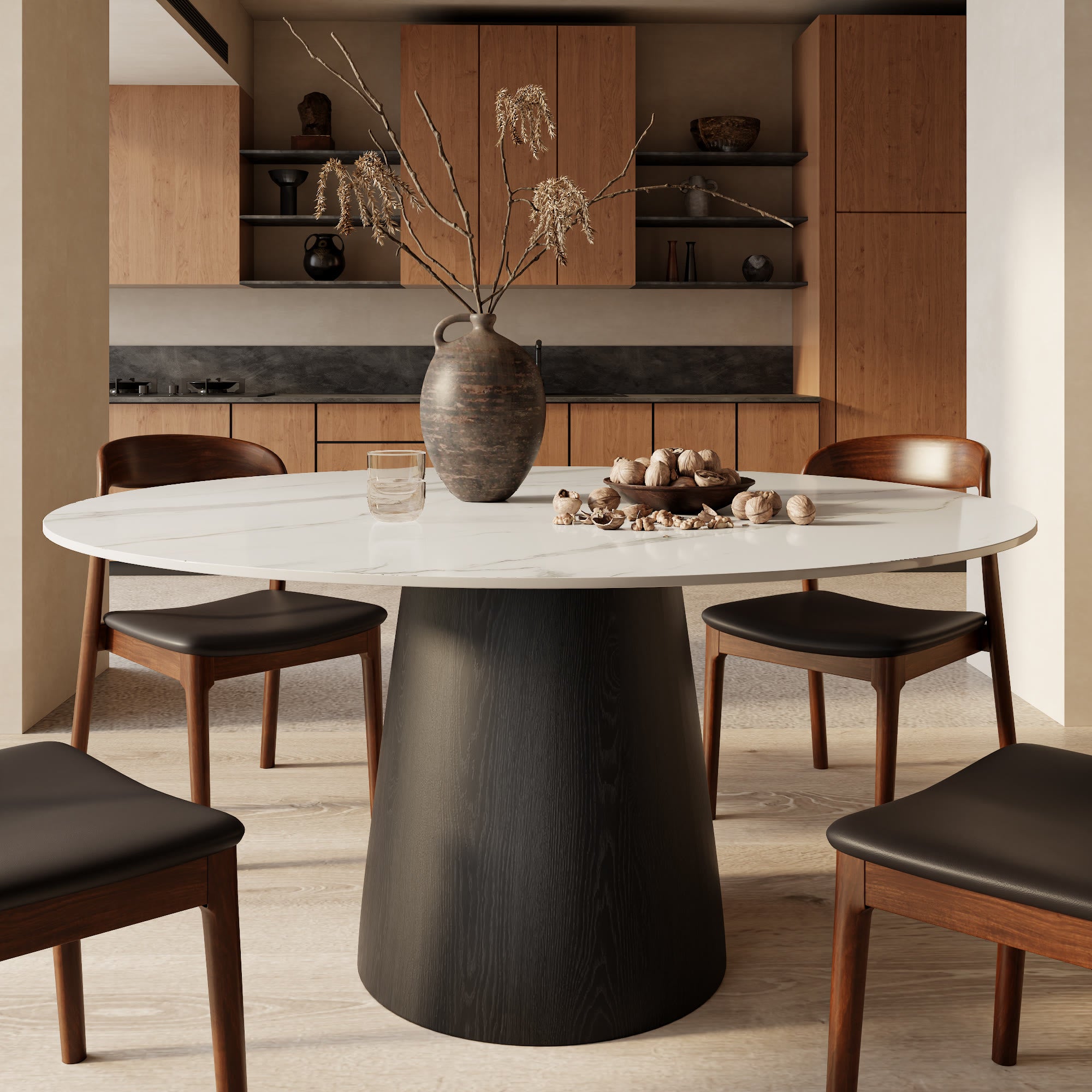 Calen Black Solid Wood Pedestal Round Dining Table  - Snowy White - without Lazy Susan - 59" Table - image 0