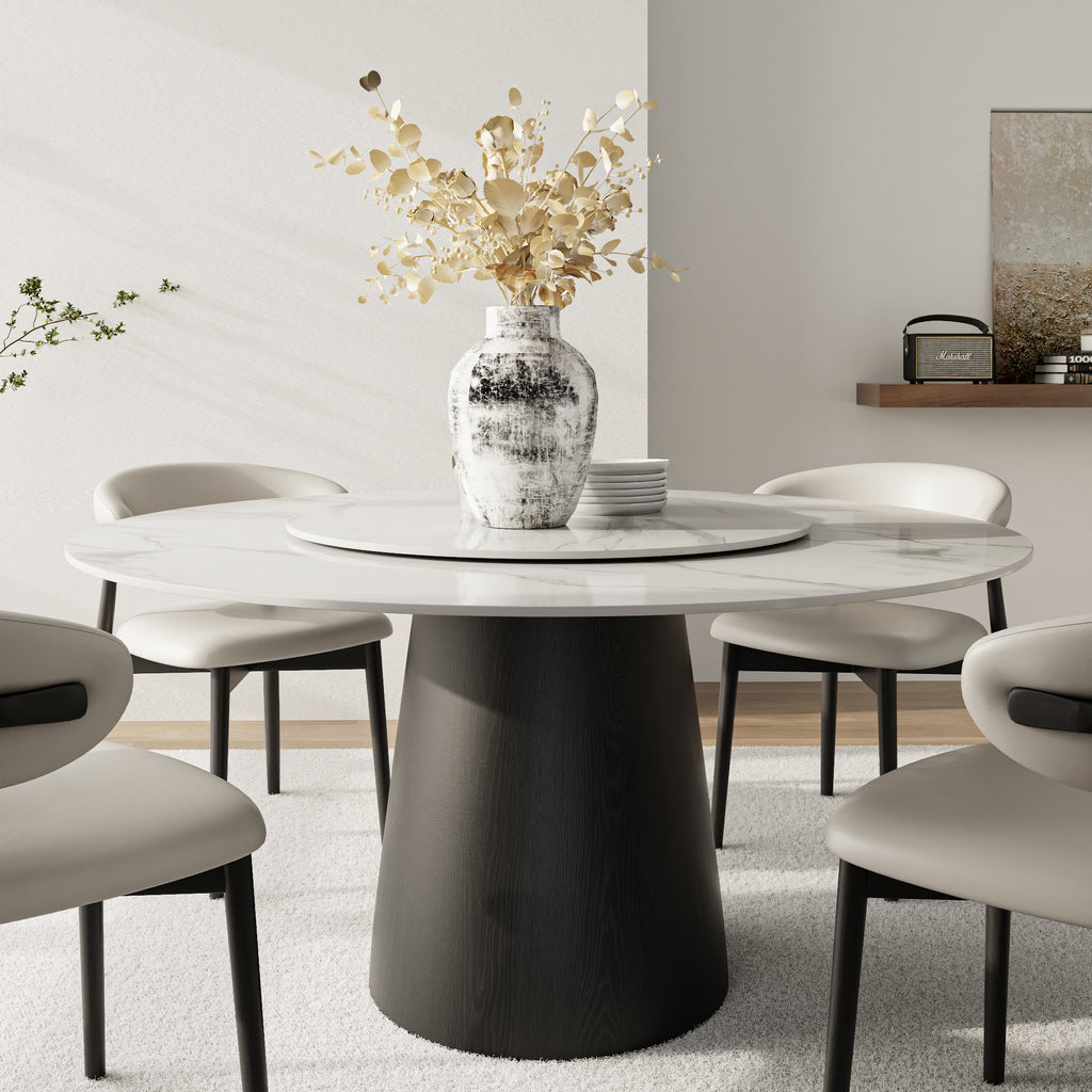 Calen Black Solid Wood Pedestal Round Dining Table With Lazy Susan - Snowy White - Removable Lazy Susan - 59" Table - image 0