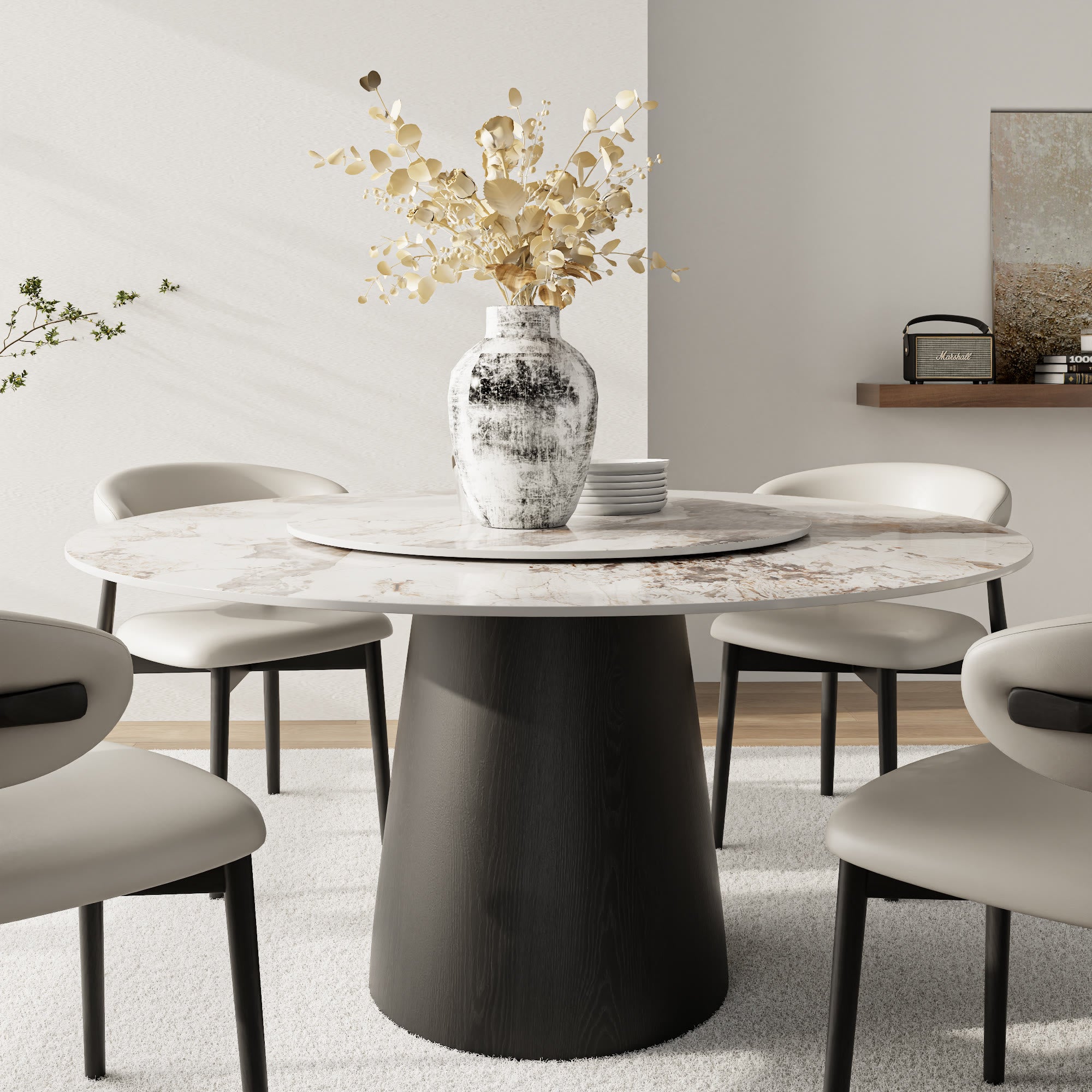 Calen Black Solid Wood Pedestal Round Dining Table With Lazy Susan - Pandora - Removable Lazy Susan - 59" Table - image 8