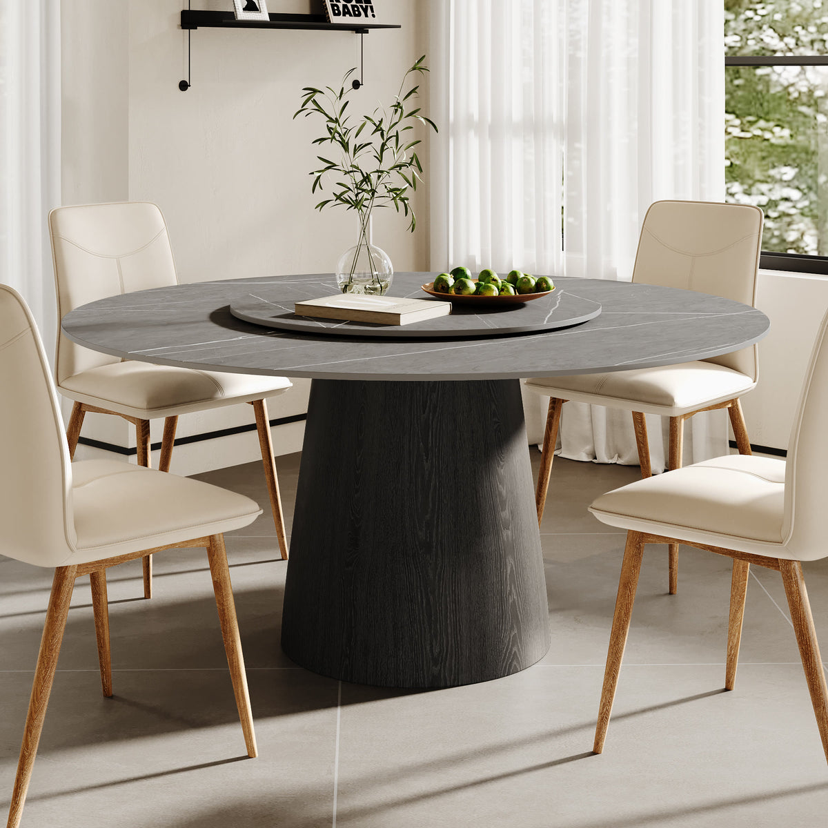 Calen Black Solid Wood Pedestal Round Dining Table With Lazy Susan - image 18