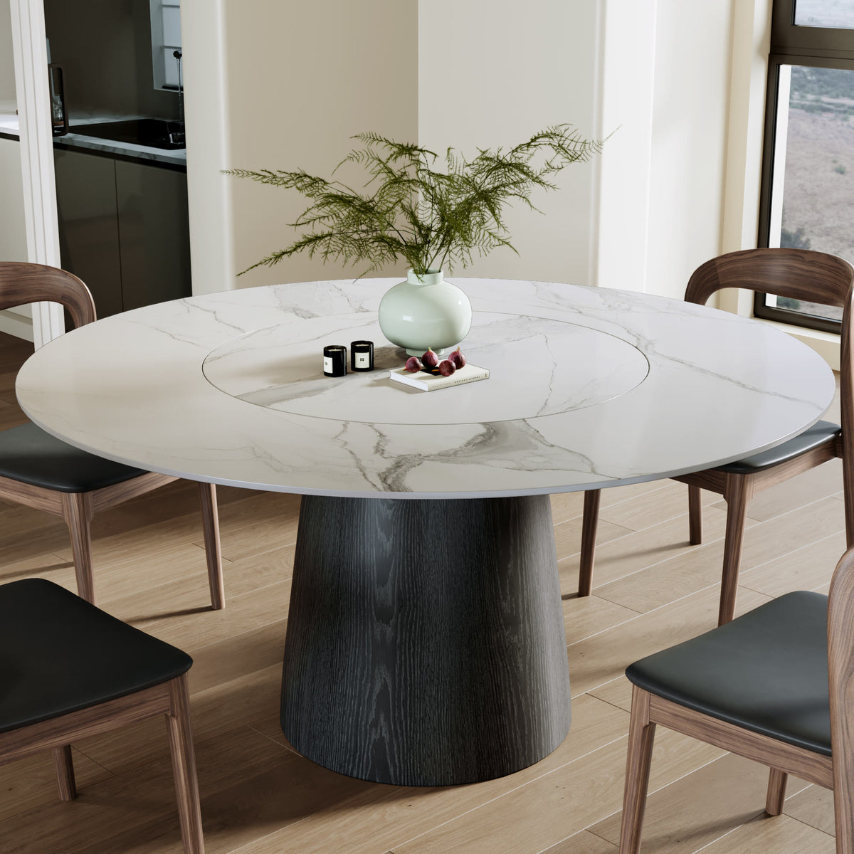 Calen Black Solid Wood Pedestal Round Dining Table With Lazy Susan - Snowy White - Built-in Lazy Susan - 59" Table - image 24