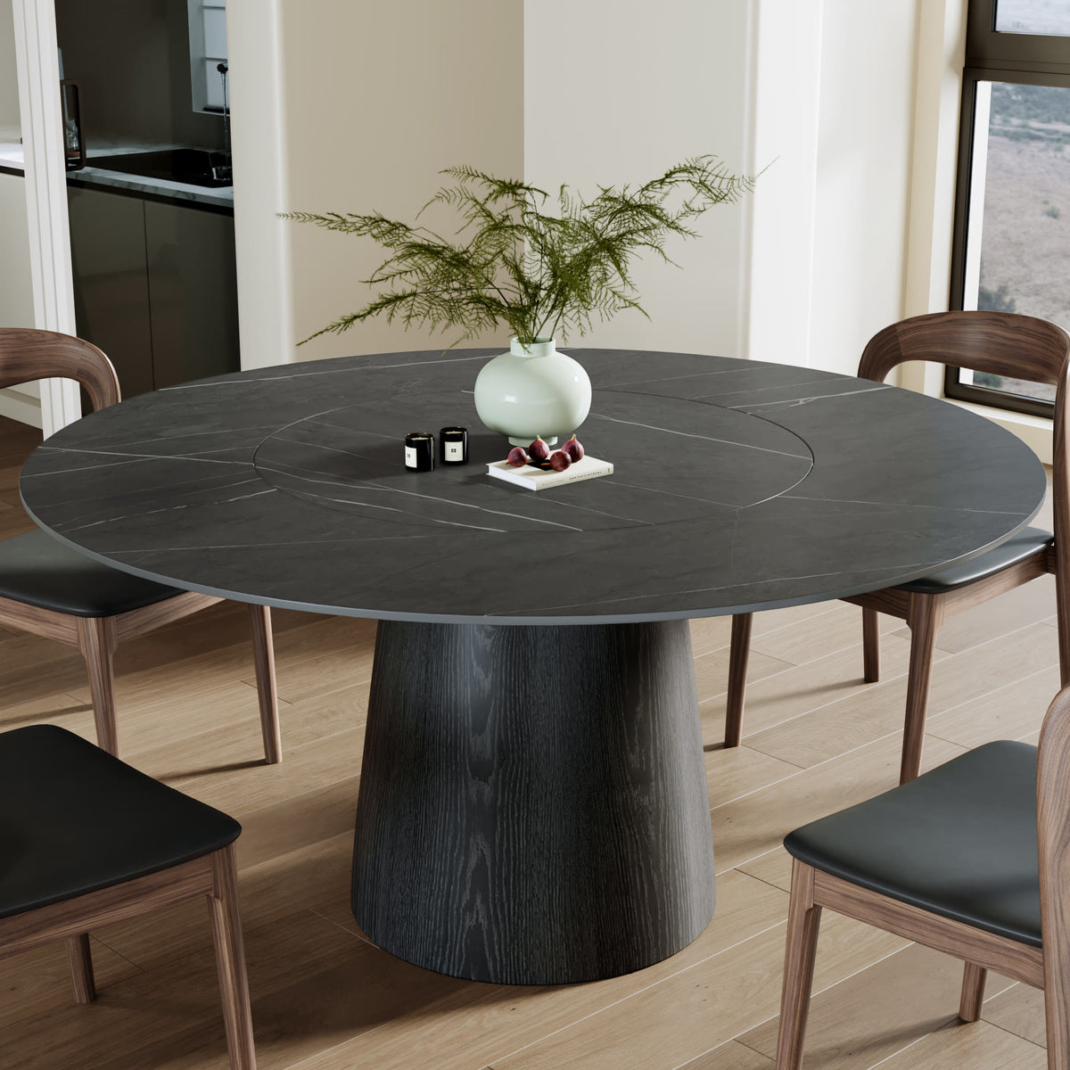 Calen Black Solid Wood Pedestal Round Dining Table With Lazy Susan - Madrid Gray - Built-in Lazy Susan - 59" Table - image 40