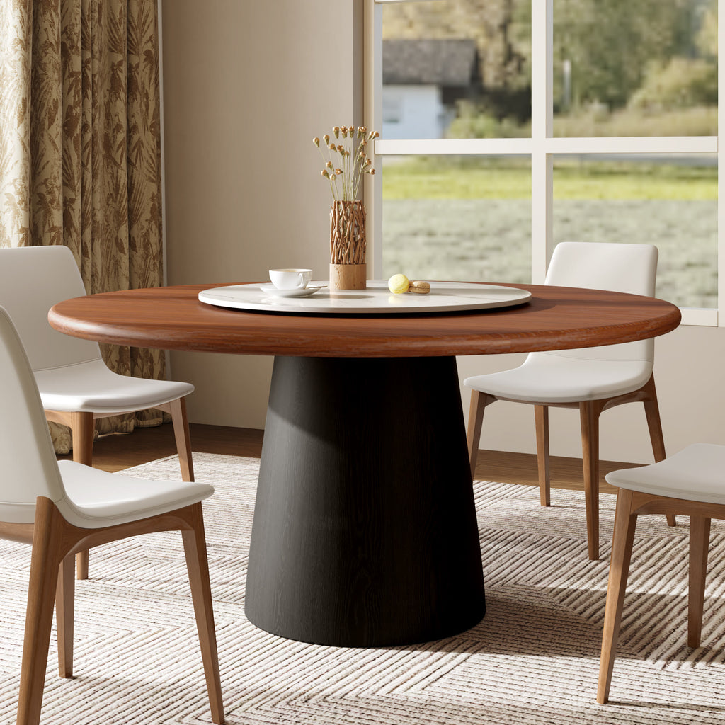 Calen Black Solid Wood Pedestal Round Dining Table With Lazy Susan - Walnut - Removable Lazy Susan - 59" Table - image 48