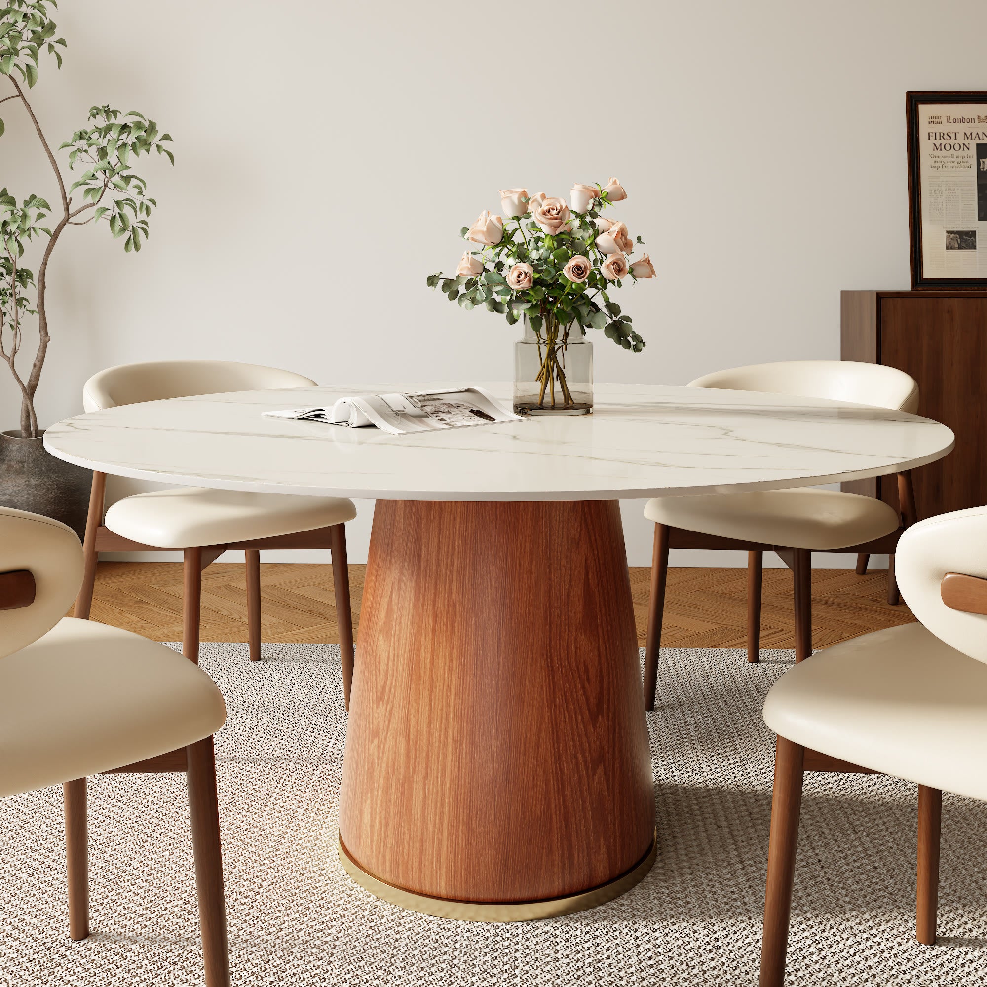 Calen Walnut Solid Wood Pedestal Round Dining Table  - Snowy White - With Metal Ring - 59" Table - image 0