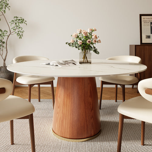 Calen Walnut Solid Wood Pedestal Round Dining Table  - Snowy White - With Metal Ring - 59" Table - image 0