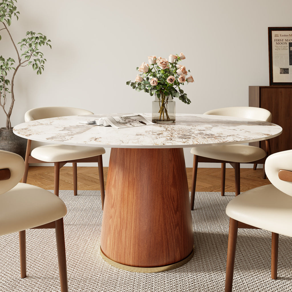 Calen Walnut Solid Wood Pedestal Round Dining Table  - Pandora - With Metal Ring - 59" Table - image 9