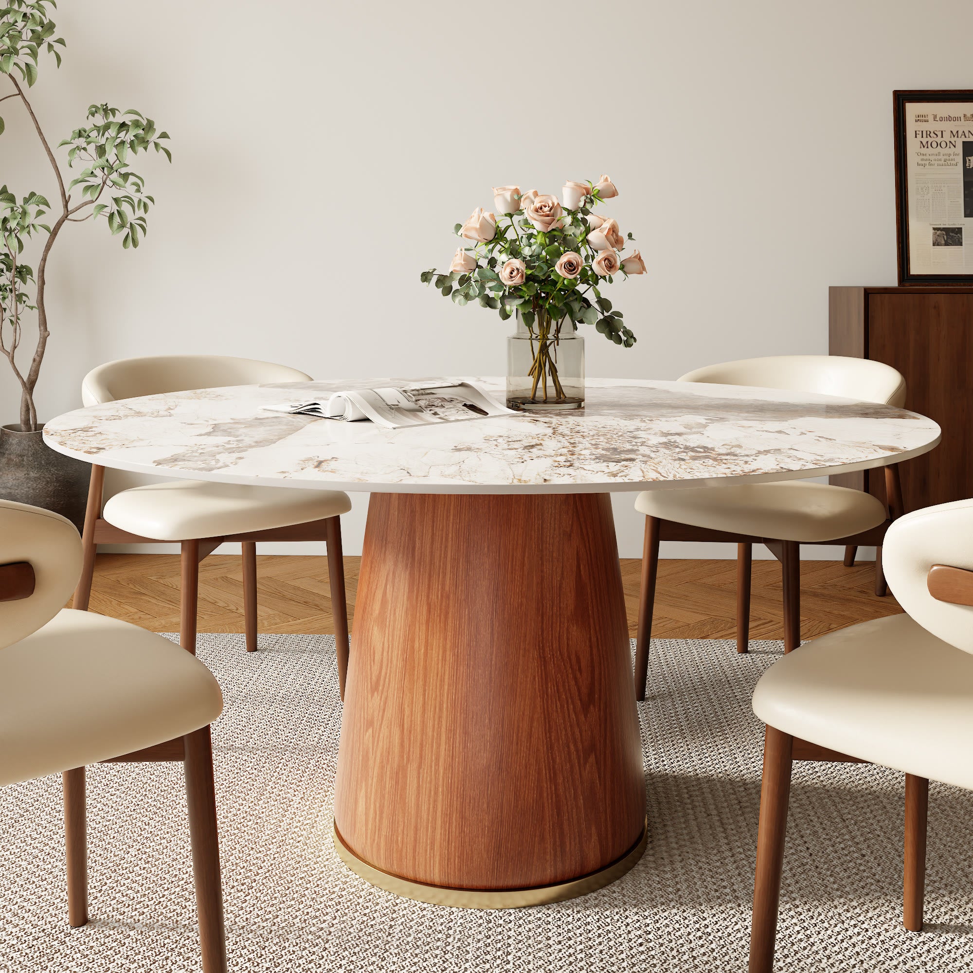Calen Walnut Solid Wood Pedestal Round Dining Table  - Pandora - With Metal Ring - 59" Table - image 9