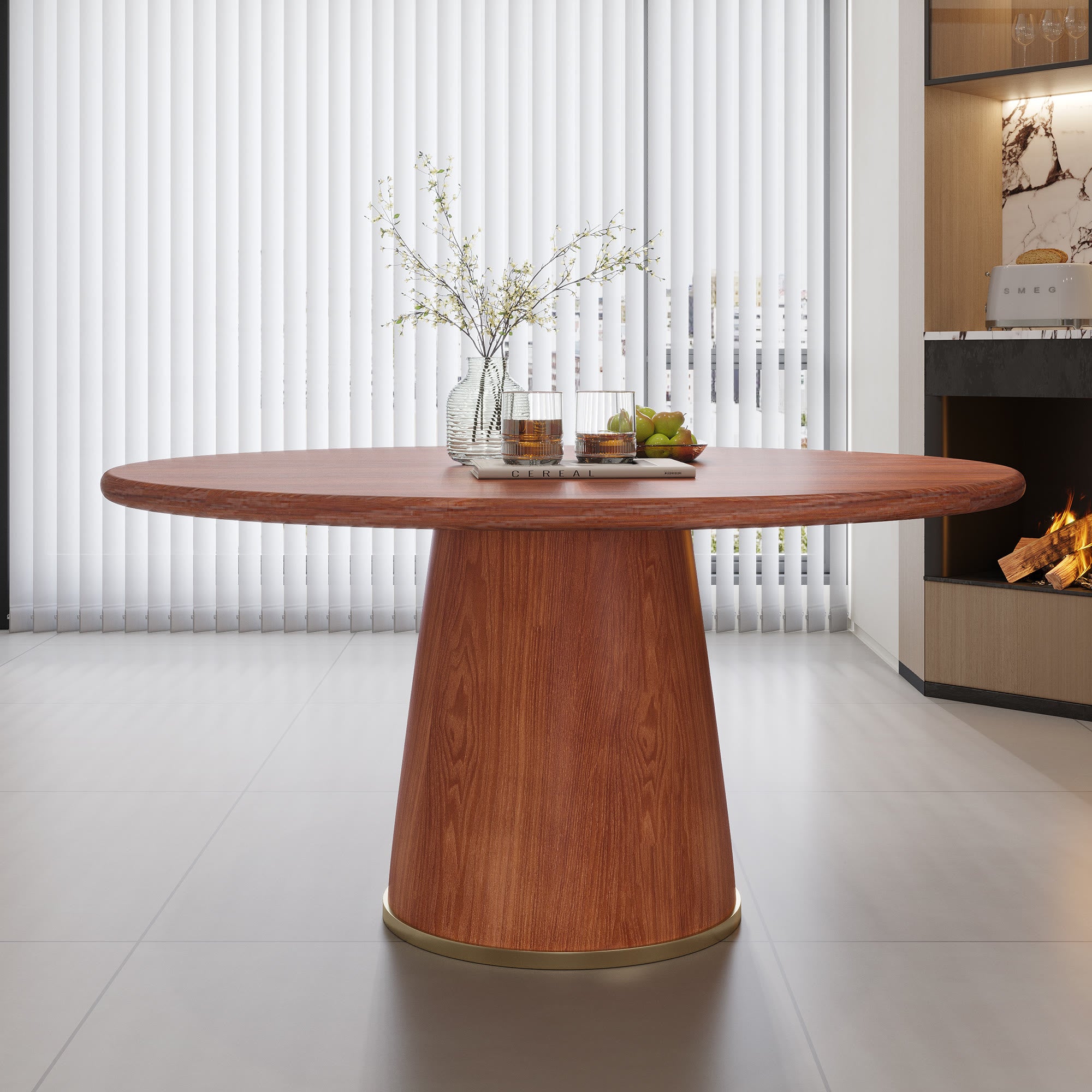 Calen Walnut Solid Wood Pedestal Round Dining Table  - Wanlut - With Metal Ring - 59" Table - image 18