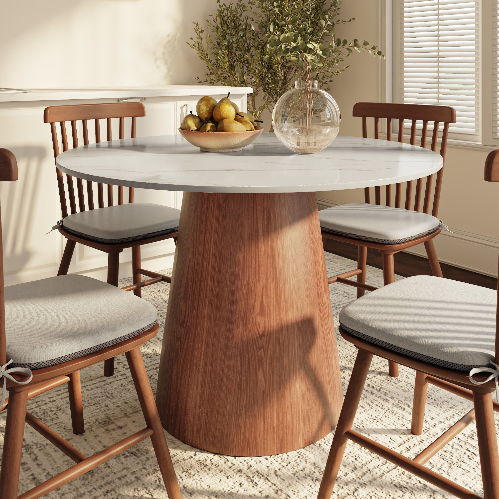 Calen Walnut Solid Wood Pedestal Round Dining Table  - Snowy White - Without Metal Ring - 43" Table - image 26