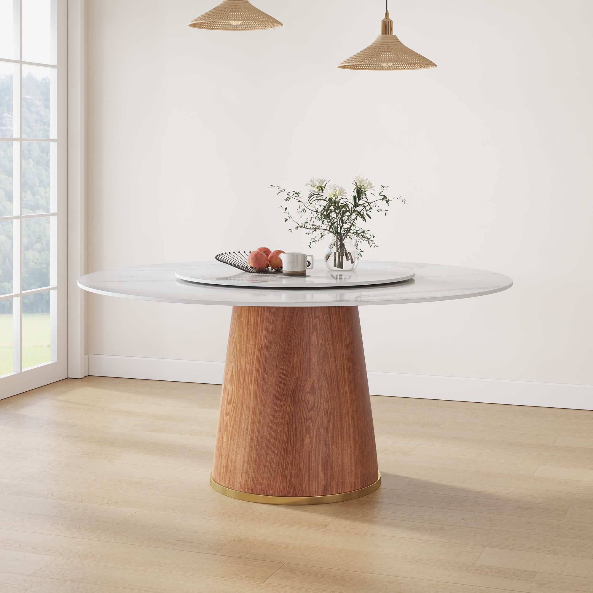 Calen Walnut Solid Wood Pedestal Round Dining Table With Lazy Susan - Snowy White - Removable Lazy Susan - 59" Table - image 0